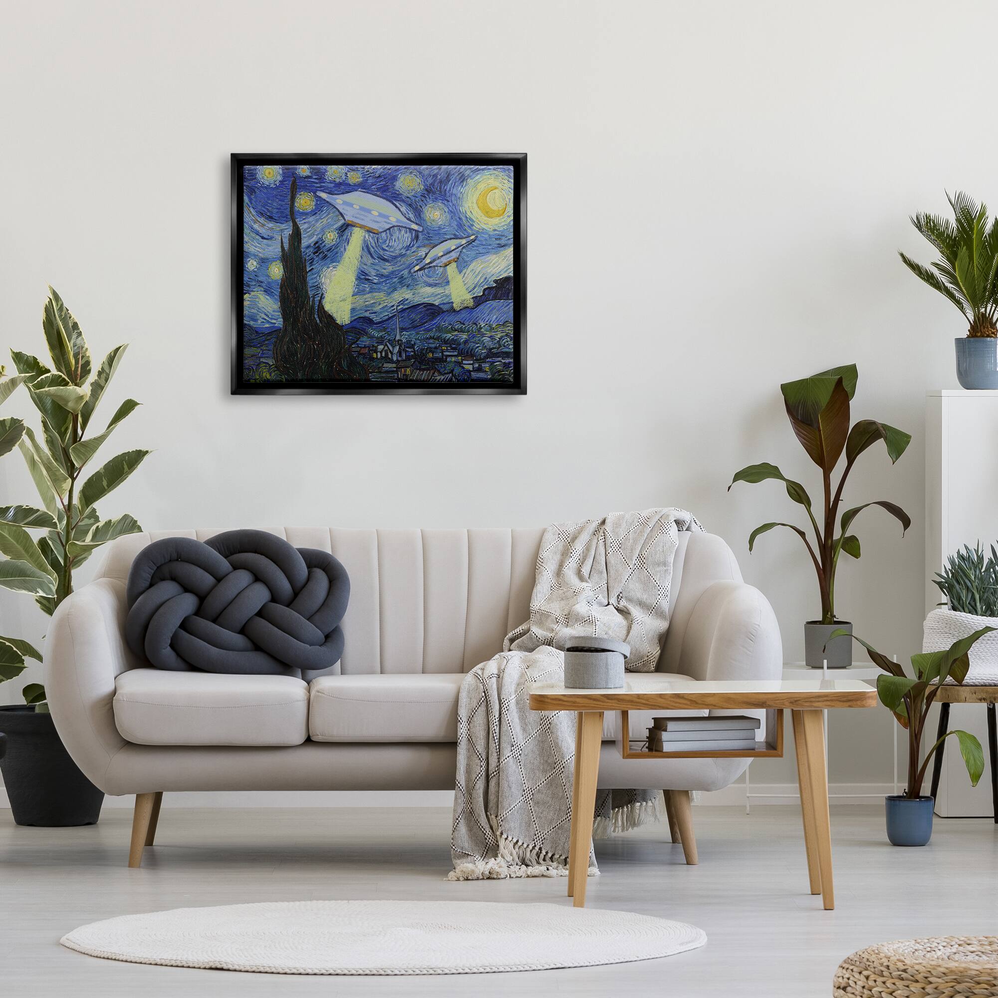 Stupell Industries Starry Night Classic Alien UFOs Framed Floater Canvas Wall Art