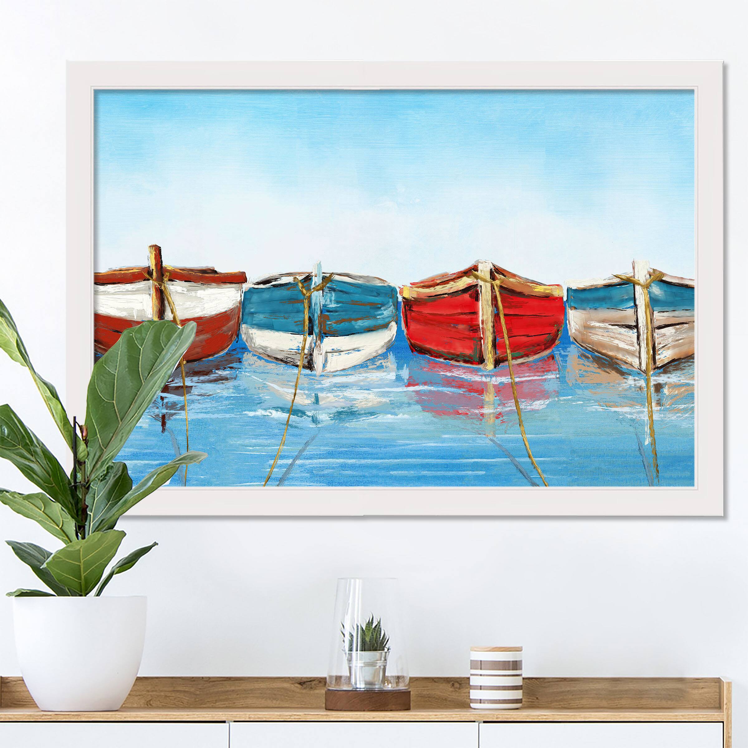 Coastal Row Boats 20" x 30" White Framed Print Under Plexiglass