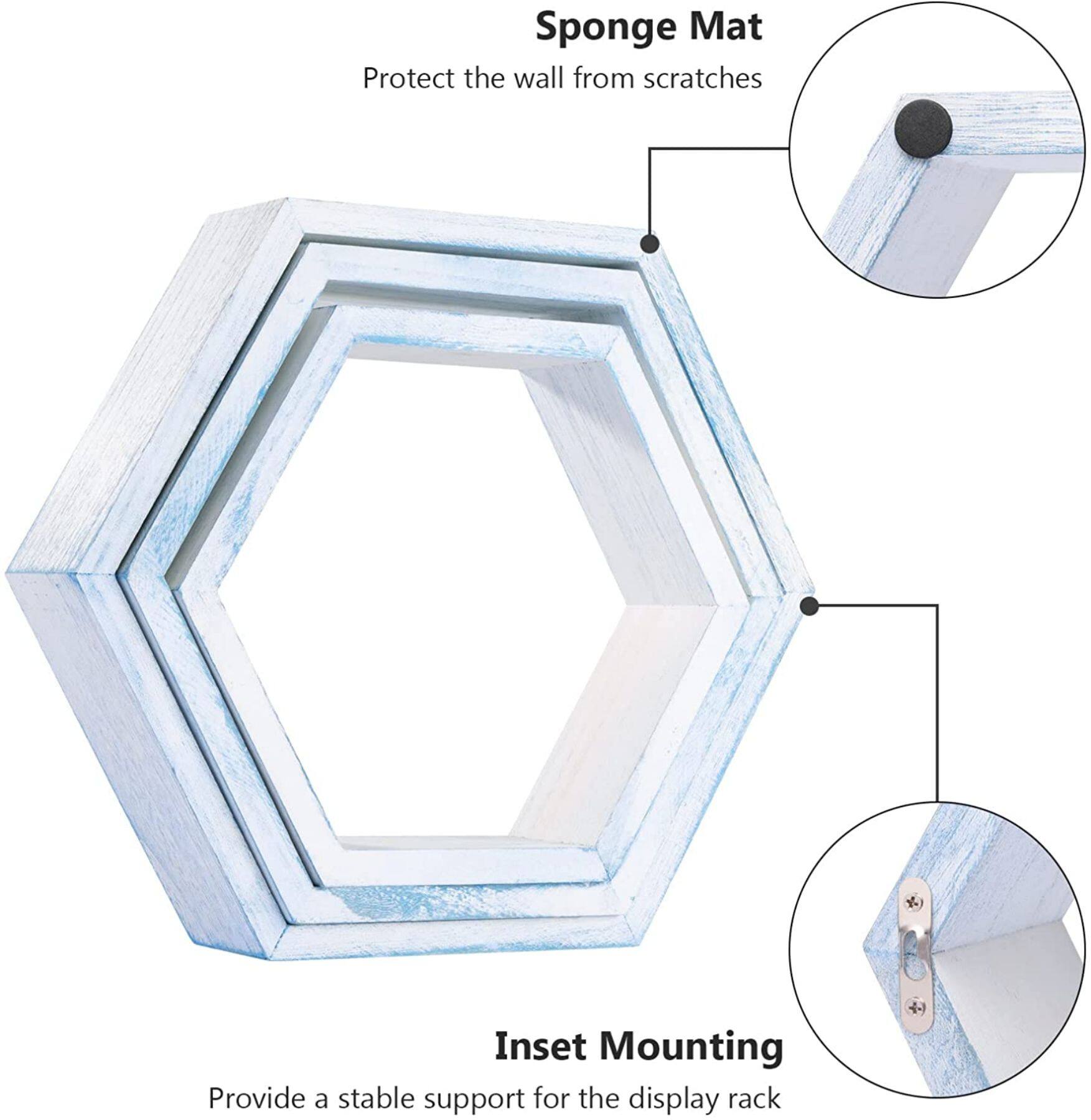 NEX™ Blue Whitewash Wall-Mounted Rustic Hexagon Honeycomb Hanging Shelf Set