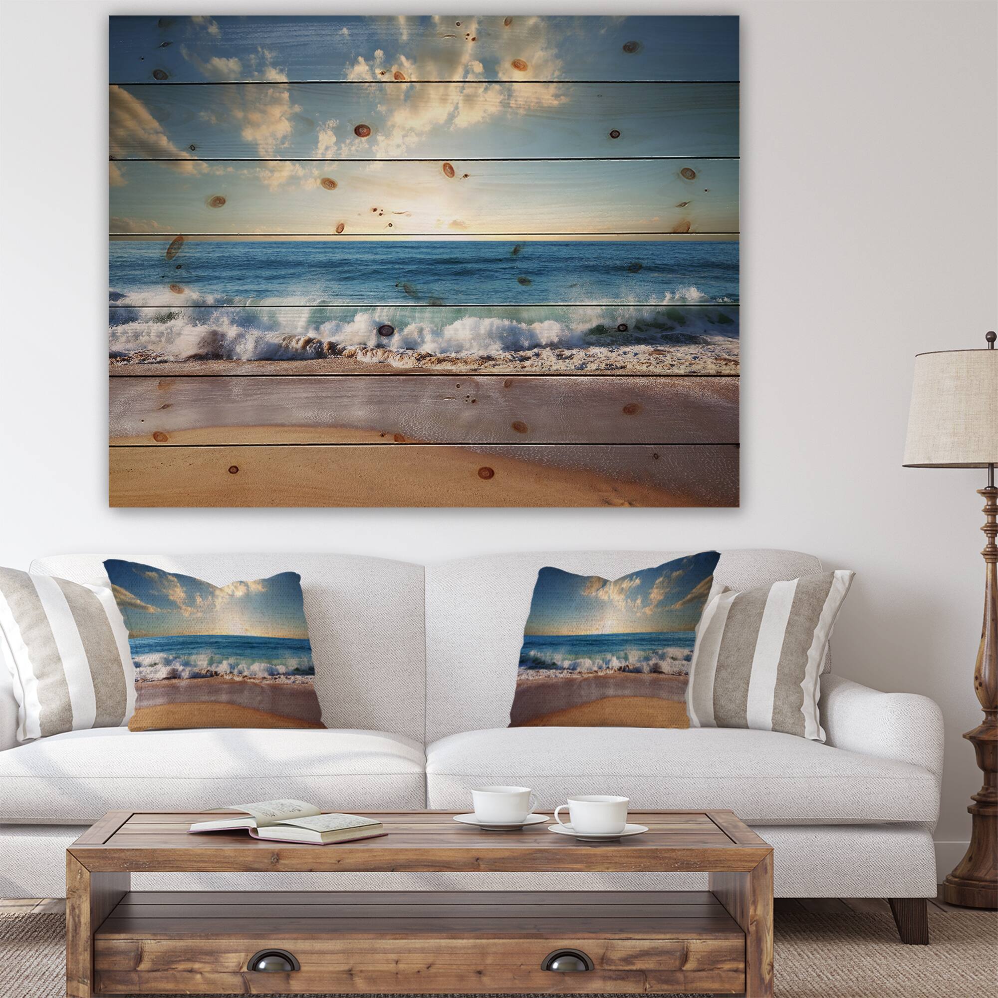 Designart - Sea Sunset - Seascape Photography Print on Natural Pine Wood