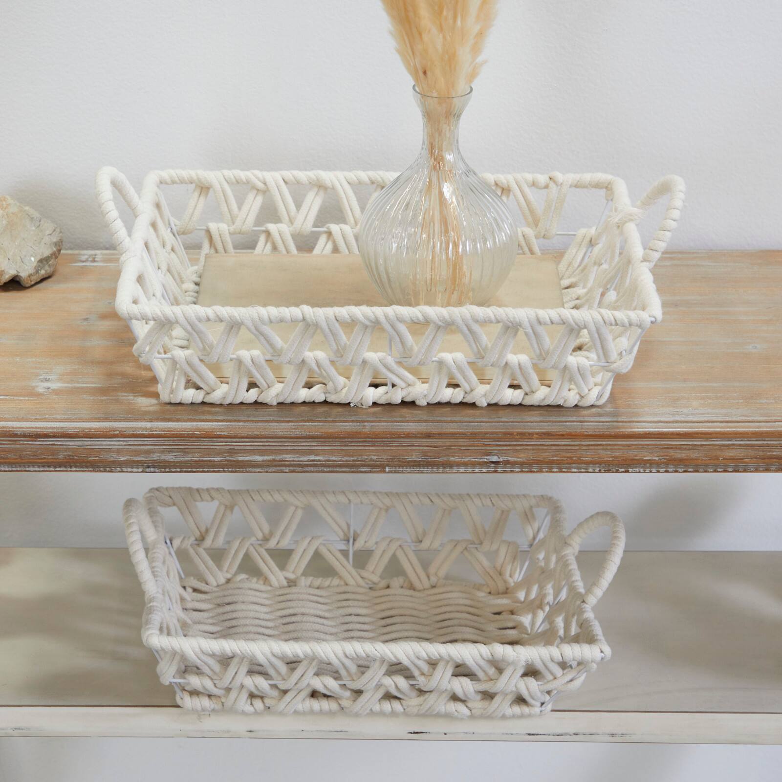 White Cotton Handmade Woven Storage Basket with Handles Set of 2 19&#x22;, 18&#x22;