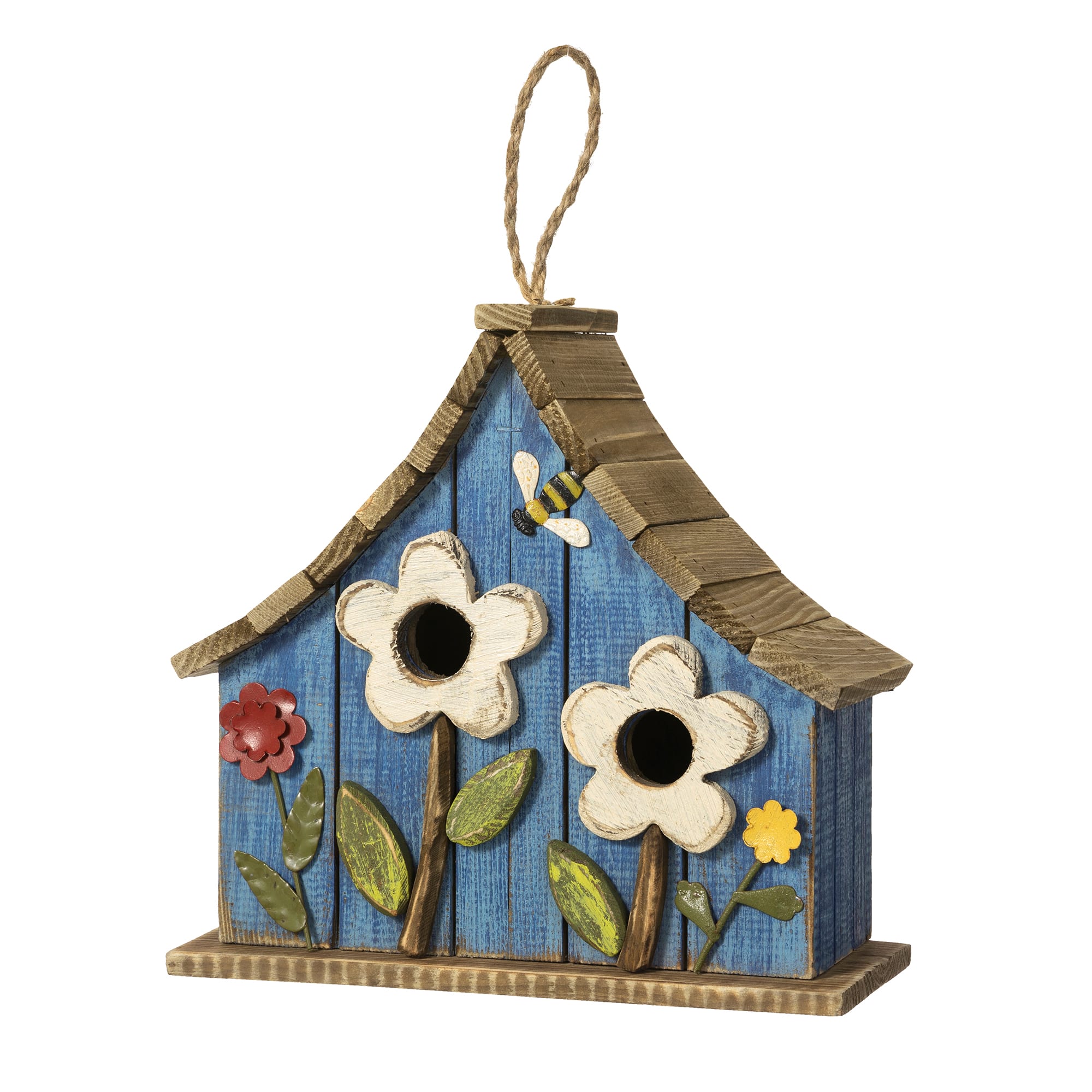 Glitzhome® 10.5" Distressed Wood Birdhouse with Flowers