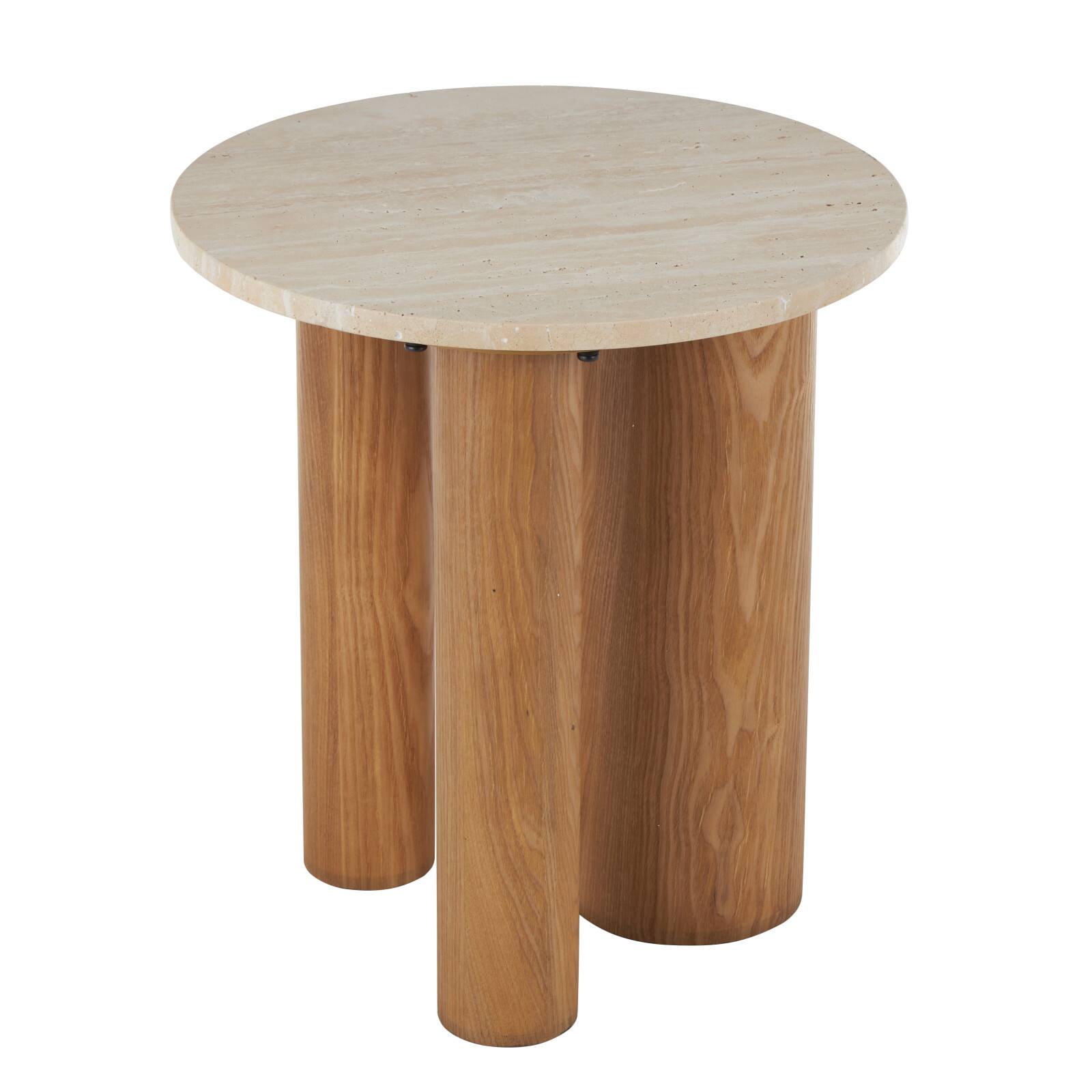 20" Brown Wood with Beige Marble Tabletop Accent Table