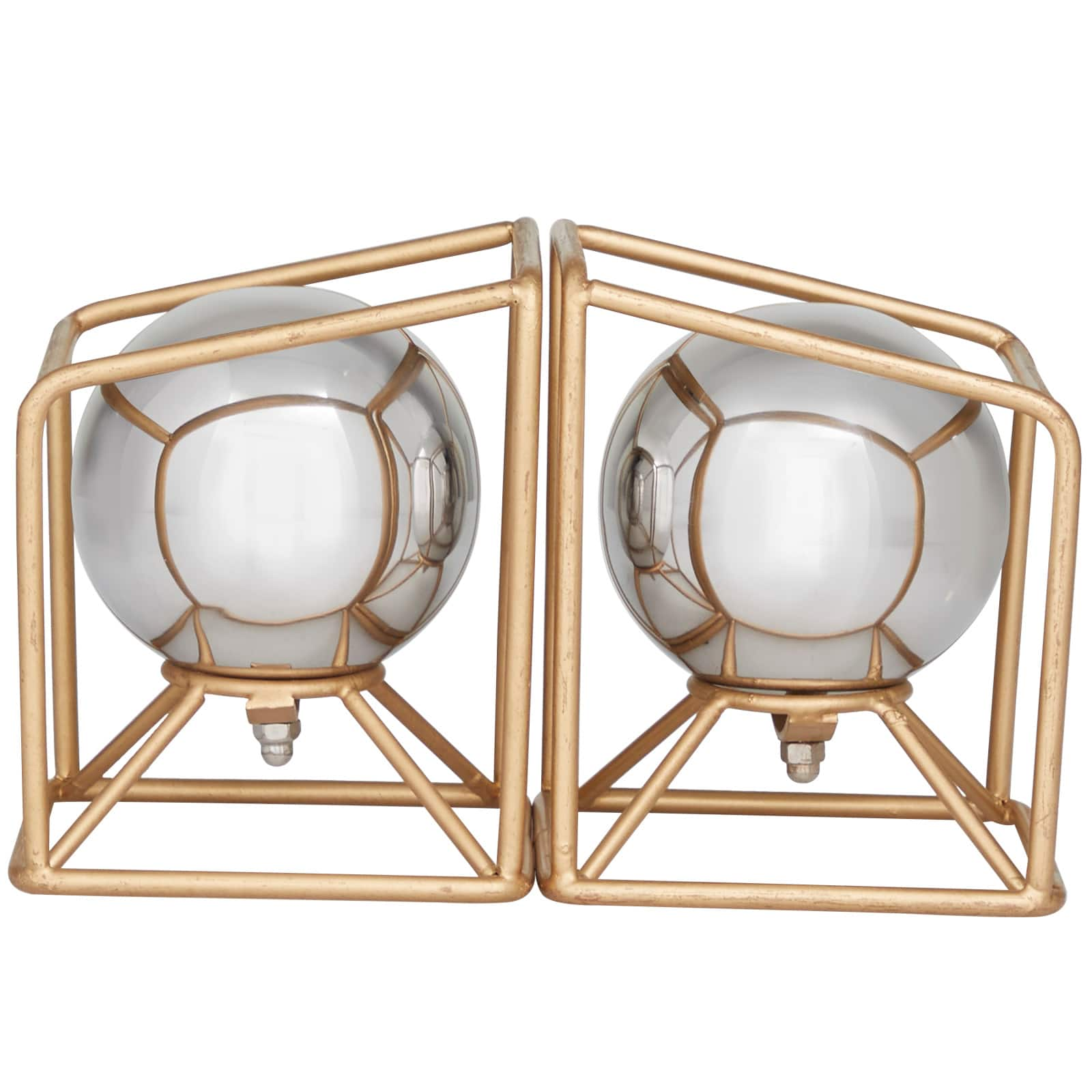 6&#x22; Silver Stainless Steel Orb Geometric Bookends with Gold Base Set