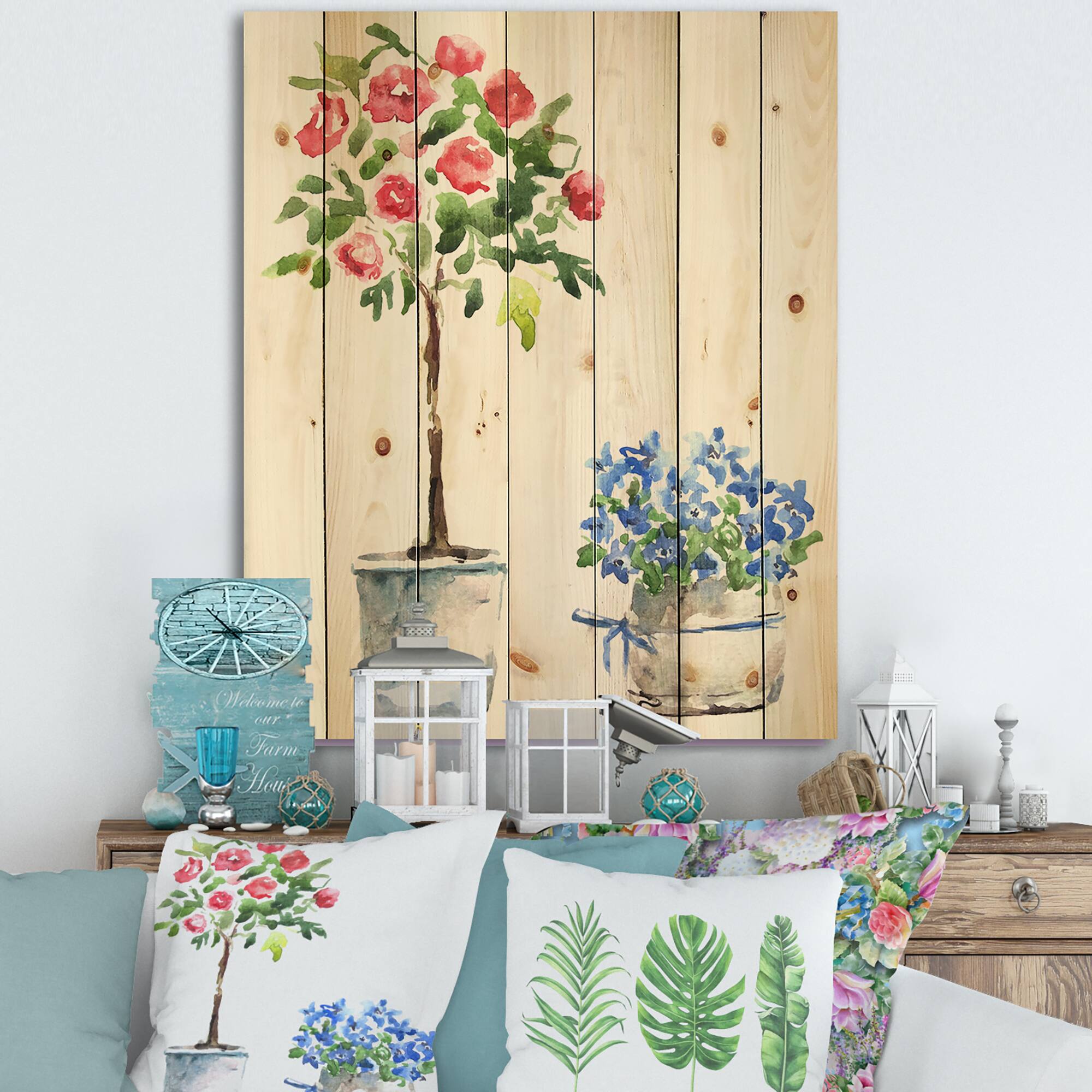 Designart - Blue and Red Houseplants - Traditional Print on Natural Pine Wood