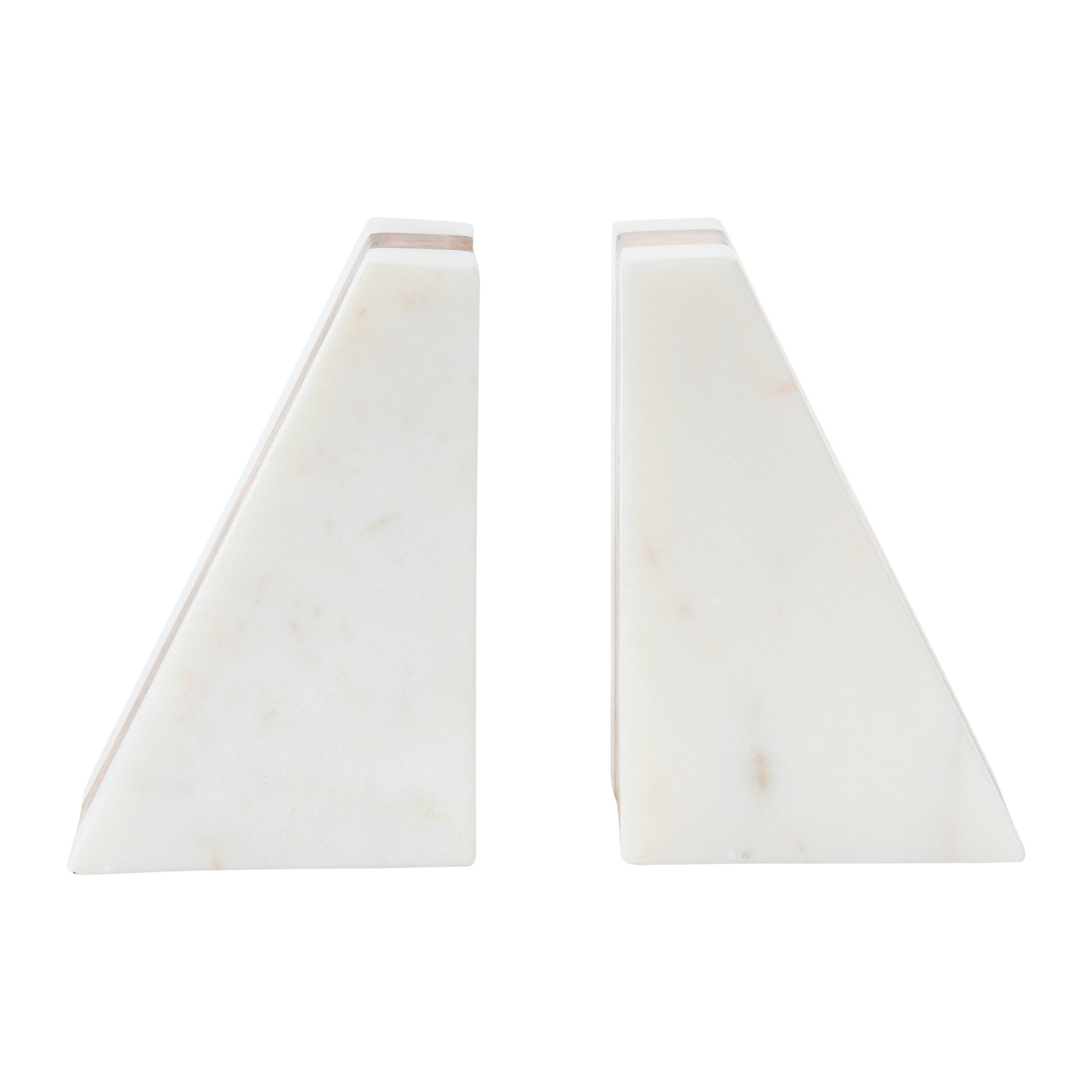 Hello Honey® 6" White Marble Geometric Bookends with Wood Inlay