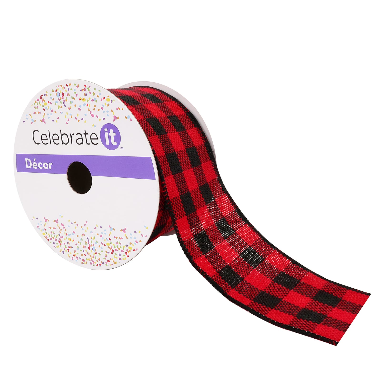 2.5 x 10 yds Red & Black Buffalo Check Ice Skates with Candy on Light  Natural Canvas Ribbon, Wired Christmas Ribbon
