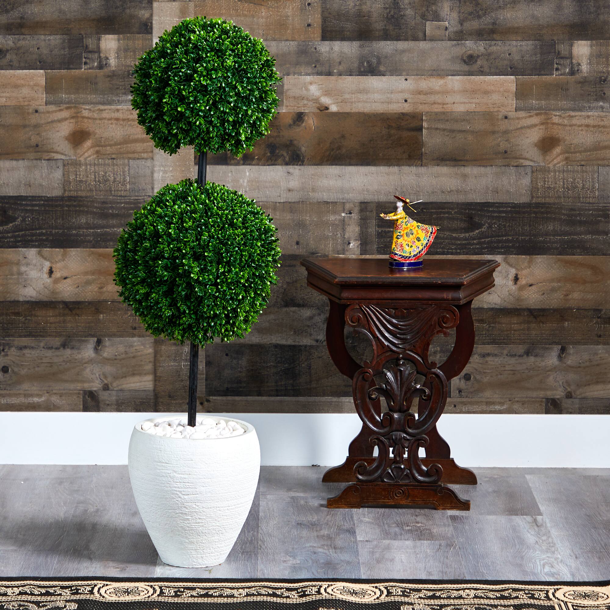 4ft. Boxwood Double Ball Topiary Tree in White Planter