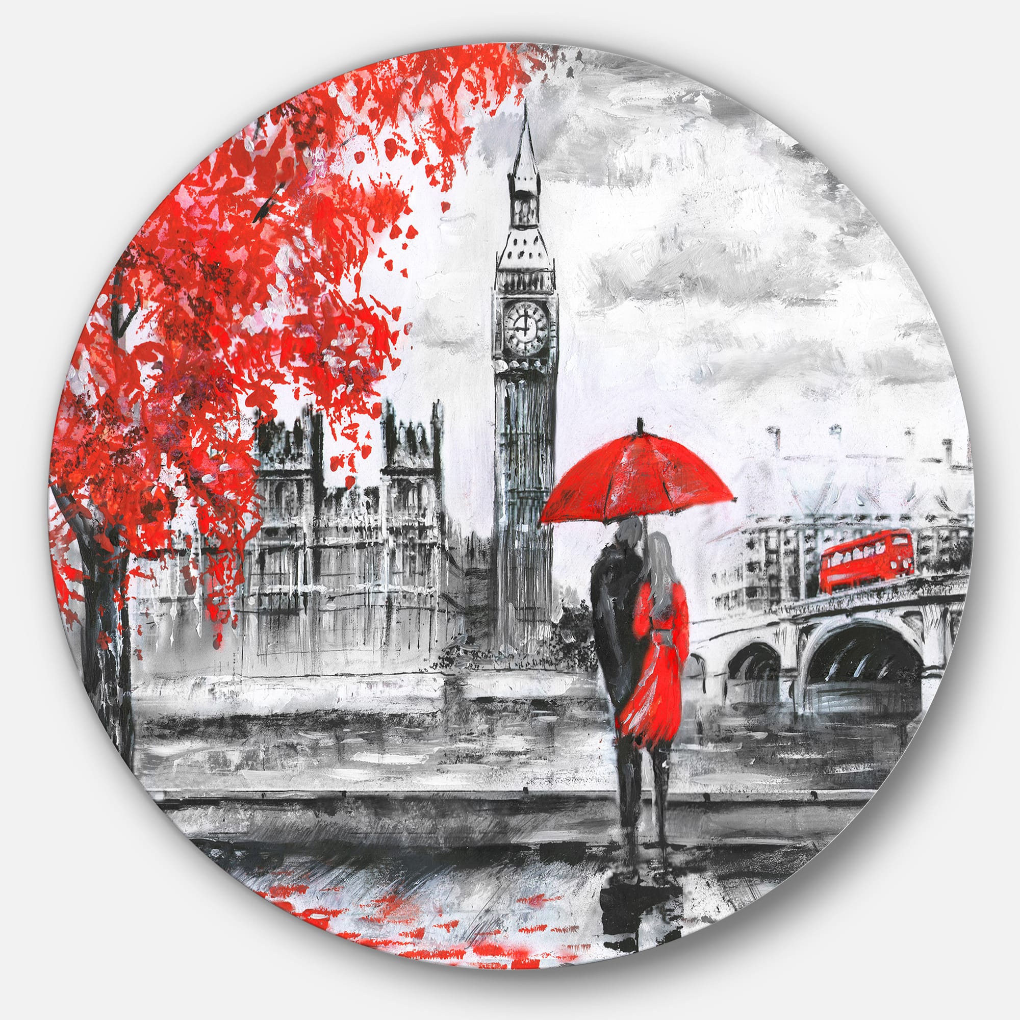 Designart - Couples Walking in London' Landscape Round Circle Metal Wall Art