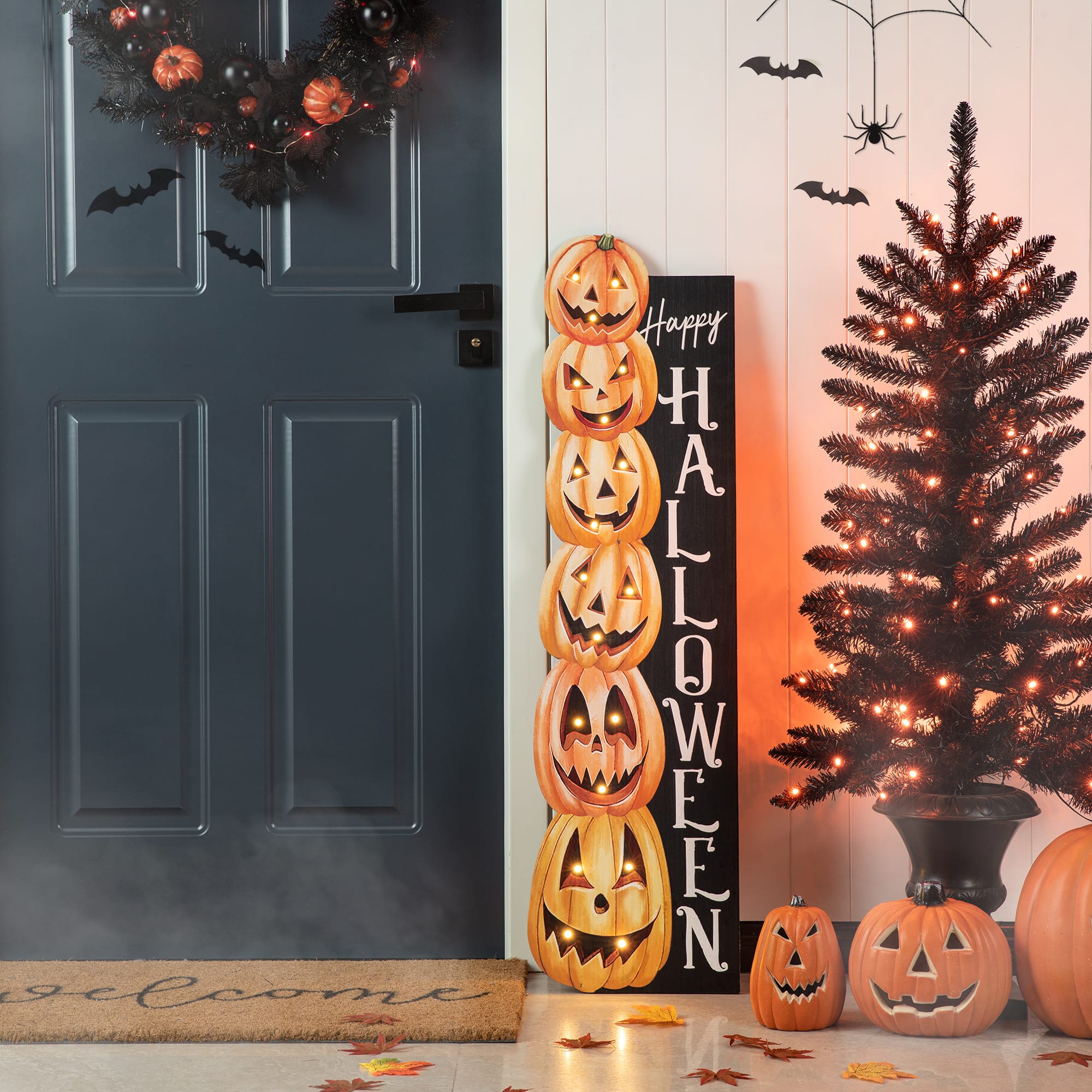 Glitzhome&#xAE; 42&#x22; Lighted Halloween Wooden Stacked Pumpkins Porch Sign with Timer