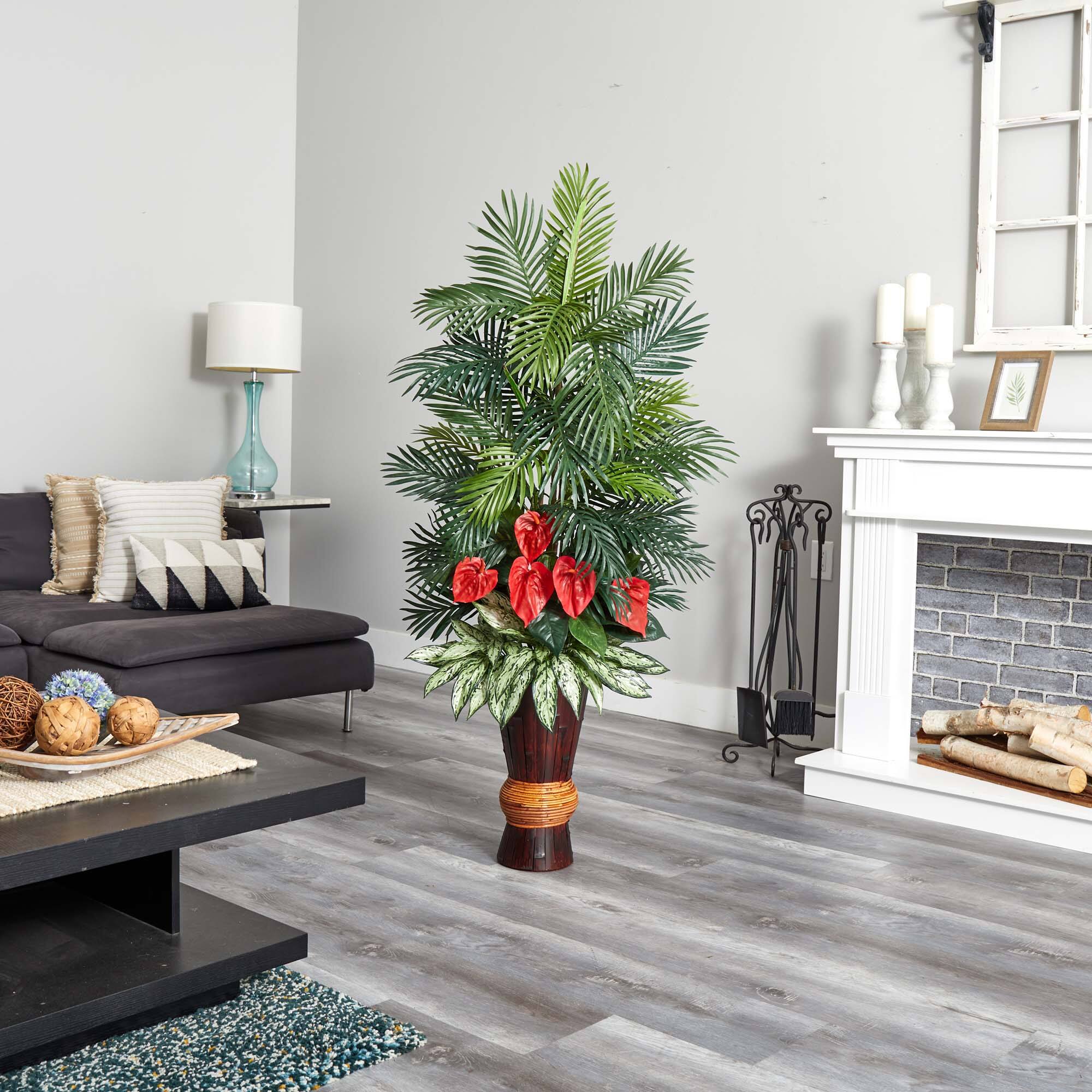 5ft. Areca & Mixed Greens Plant in Bamboo Planter