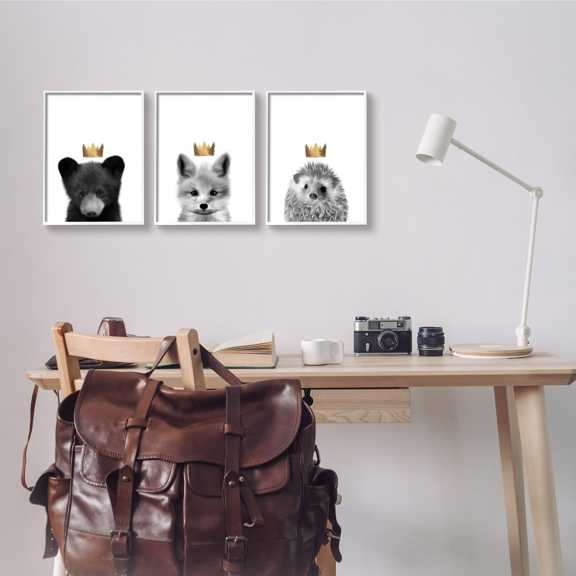 Stupell Industries Woodland Animals Bold Crowns Black Bear Fox Hedgehog Framed Wall Art