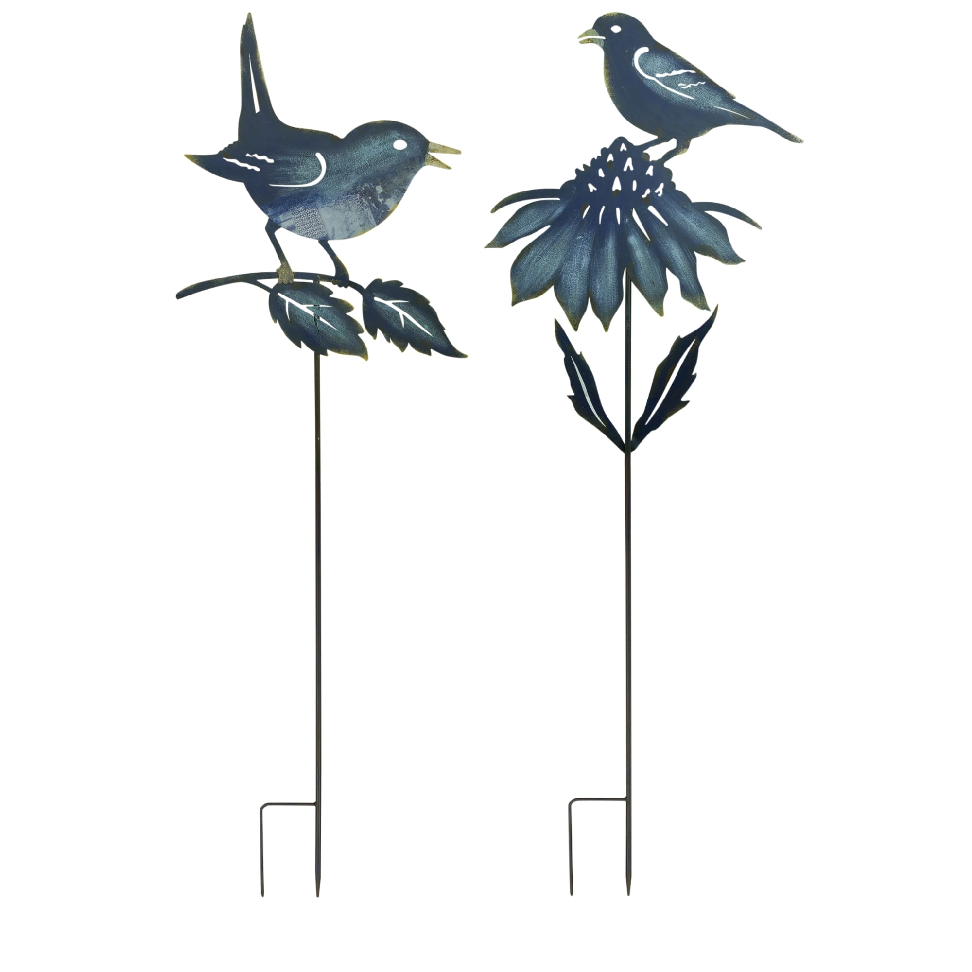Bird &#x26; Flower Cut Out Metal Garden Stakes Set