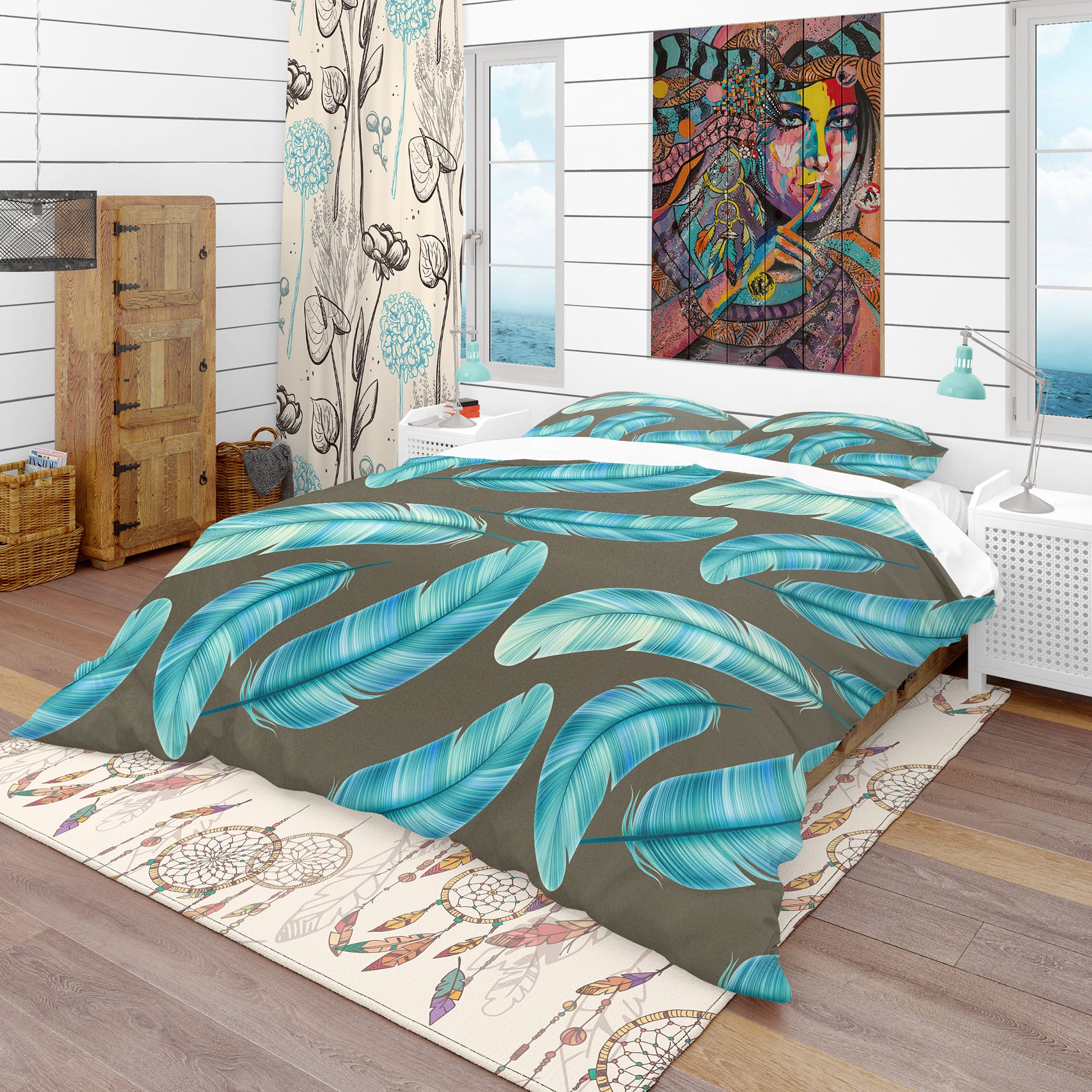 Designart &#x27;Pattern with Colorful Feathers&#x27; Southwestern Bedding Set - Duvet Cover &#x26; Shams