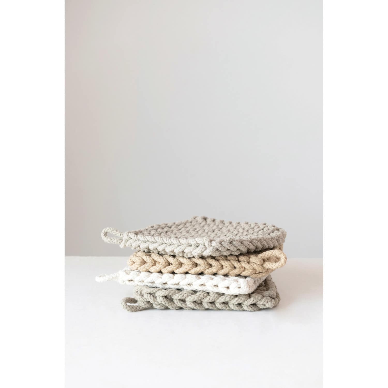 8&#x22; Brown &#x26; Cream Square Cotton Crocheted Pot Holder Set