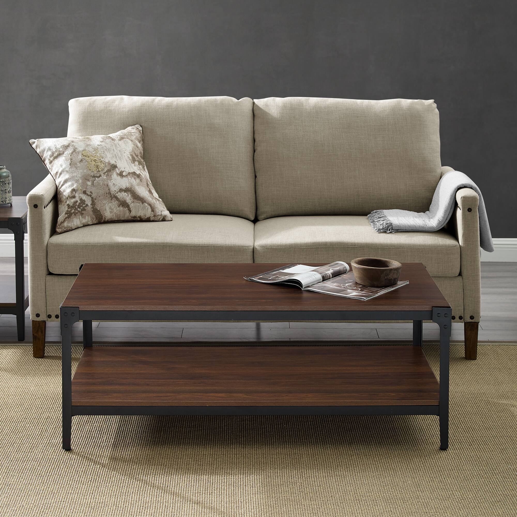 Walker Edison 48" Dark Walnut Angle Iron Coffee Table