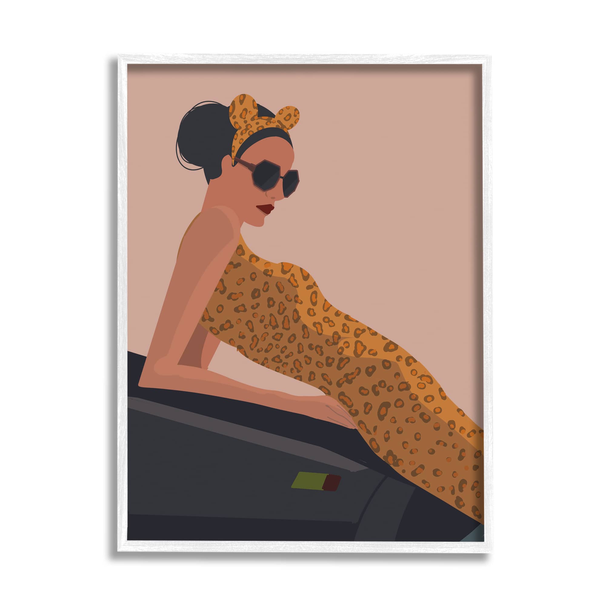 Stupell Industries Fashion Trend Woman Cheetah Print Dress Sports Car Framed Wall Art