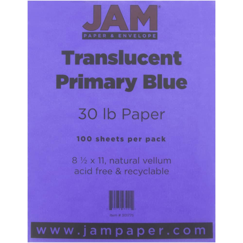 JAM Paper Primary Blue 8.5" x 11" 30lb. Translucent Vellum Paper, 100 Sheets