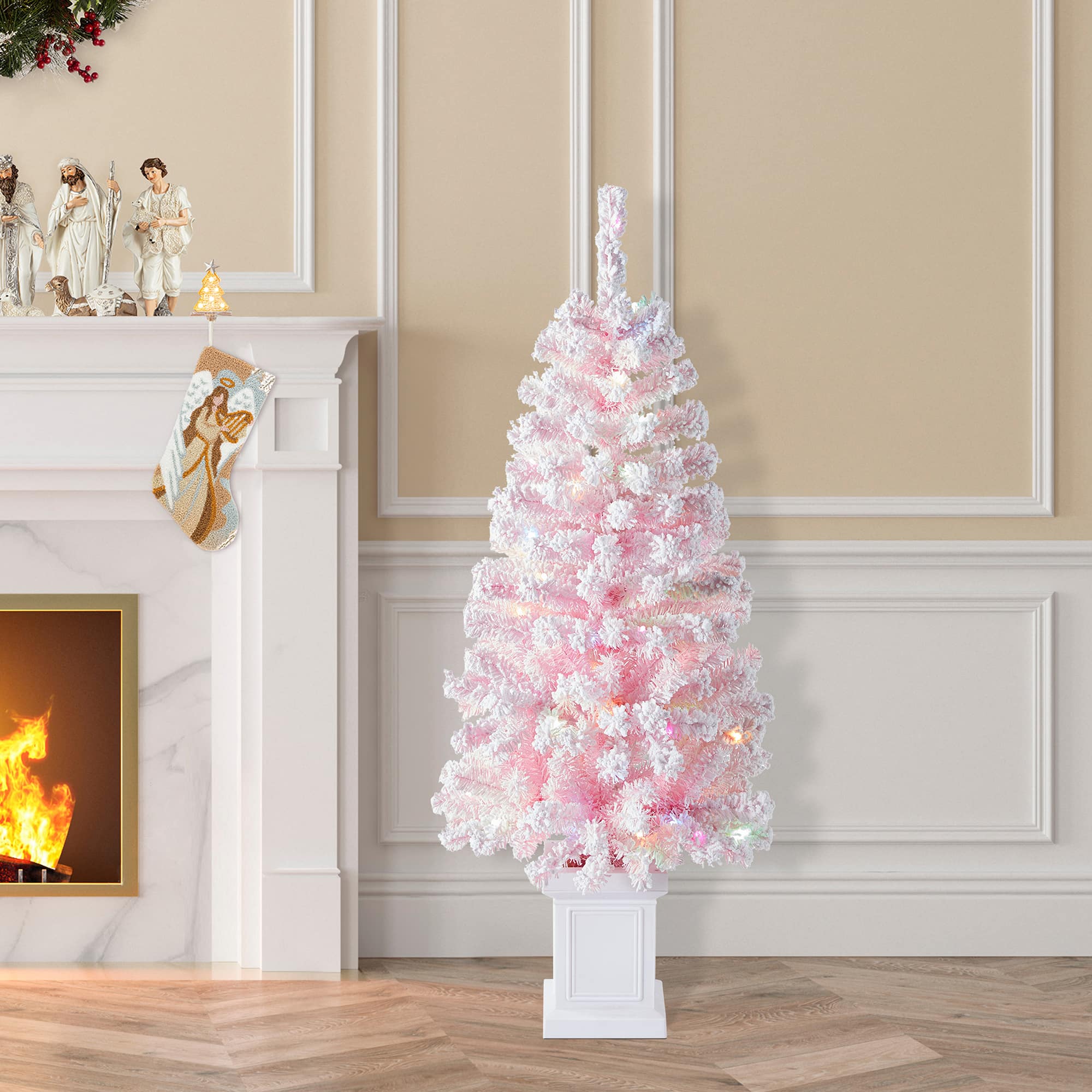 Glitzhome&#xAE; 4ft Pre-Lit Flocked Pink Artificial Christmas Porch Tree, Multi-color LED Lights