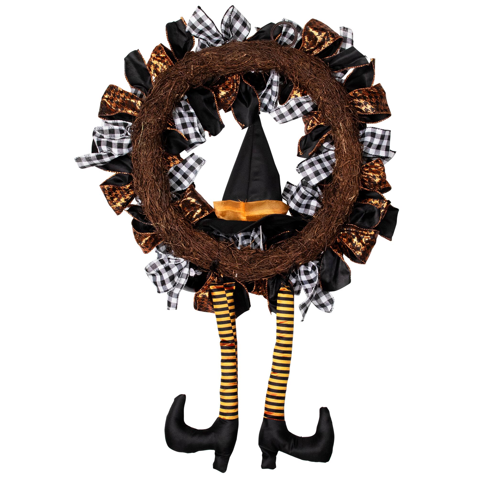 24'' Unlit Orange and Black Witch with Bows Halloween Wreath