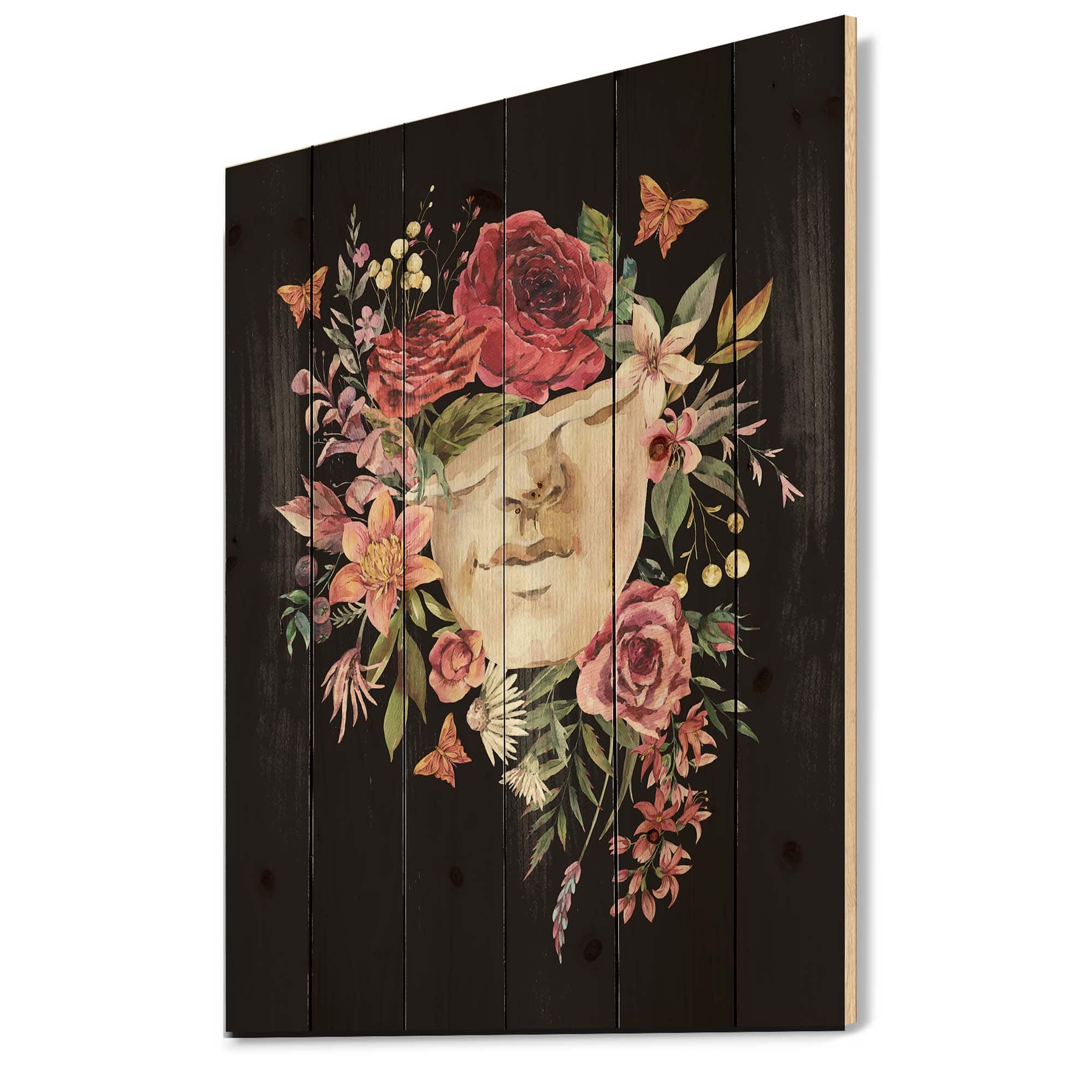 Designart - Vintage Greek Sculpture Detail With Dry Flowers - Traditional Print on Natural Pine Wood