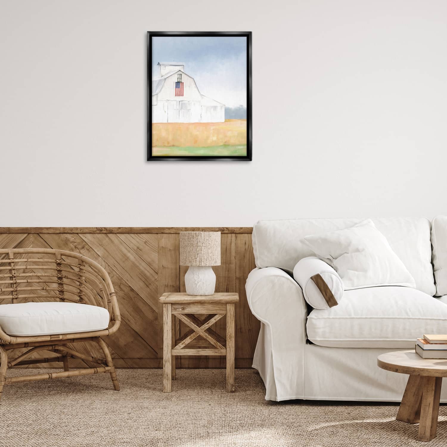 Stupell Industries American Flag White Country Barn Rural Scenery Floater Framed Art