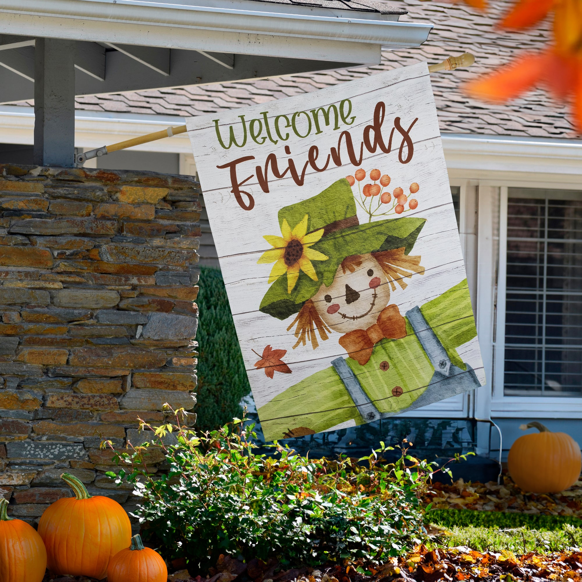 40&#x22; x 28&#x22; Scarecrow Welcome Friends Fall Harvest Outdoor House Flag