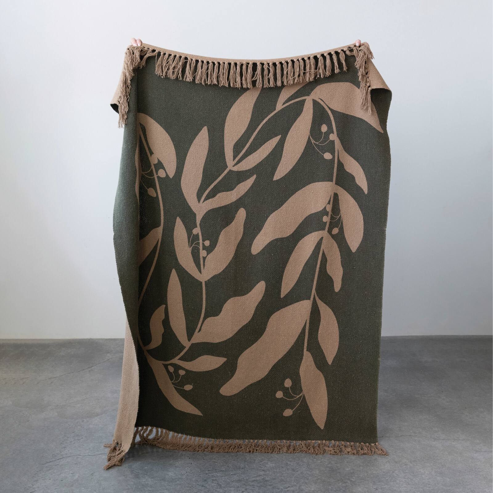 Hello Honey&#xAE; Recycled Cotton Blend Printed Throw Blanket with Fringe, Green and Tan
