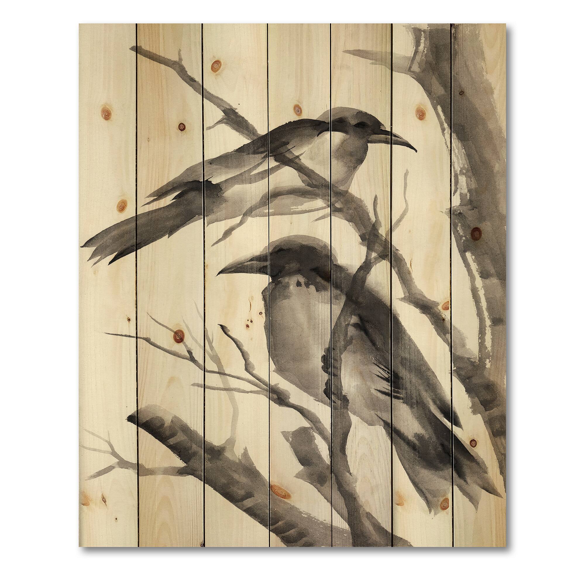 Designart - Vintage Monochrome Sleeping Crows - Traditional Print on Natural Pine Wood