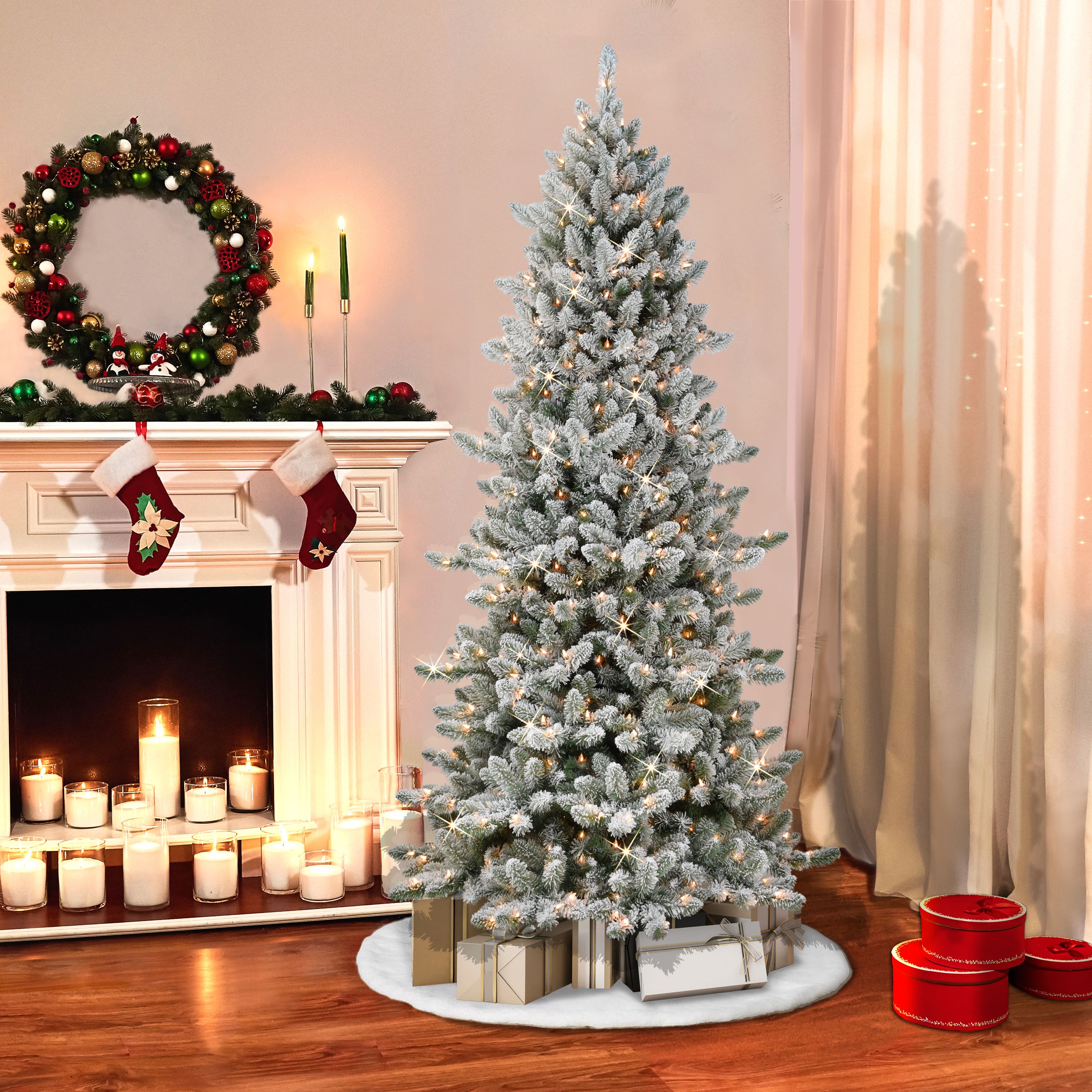 7.5ft. Pre-Lit Slim Flocked Royal Majestic Spruce Artificial Christmas Tree, Clear Lights