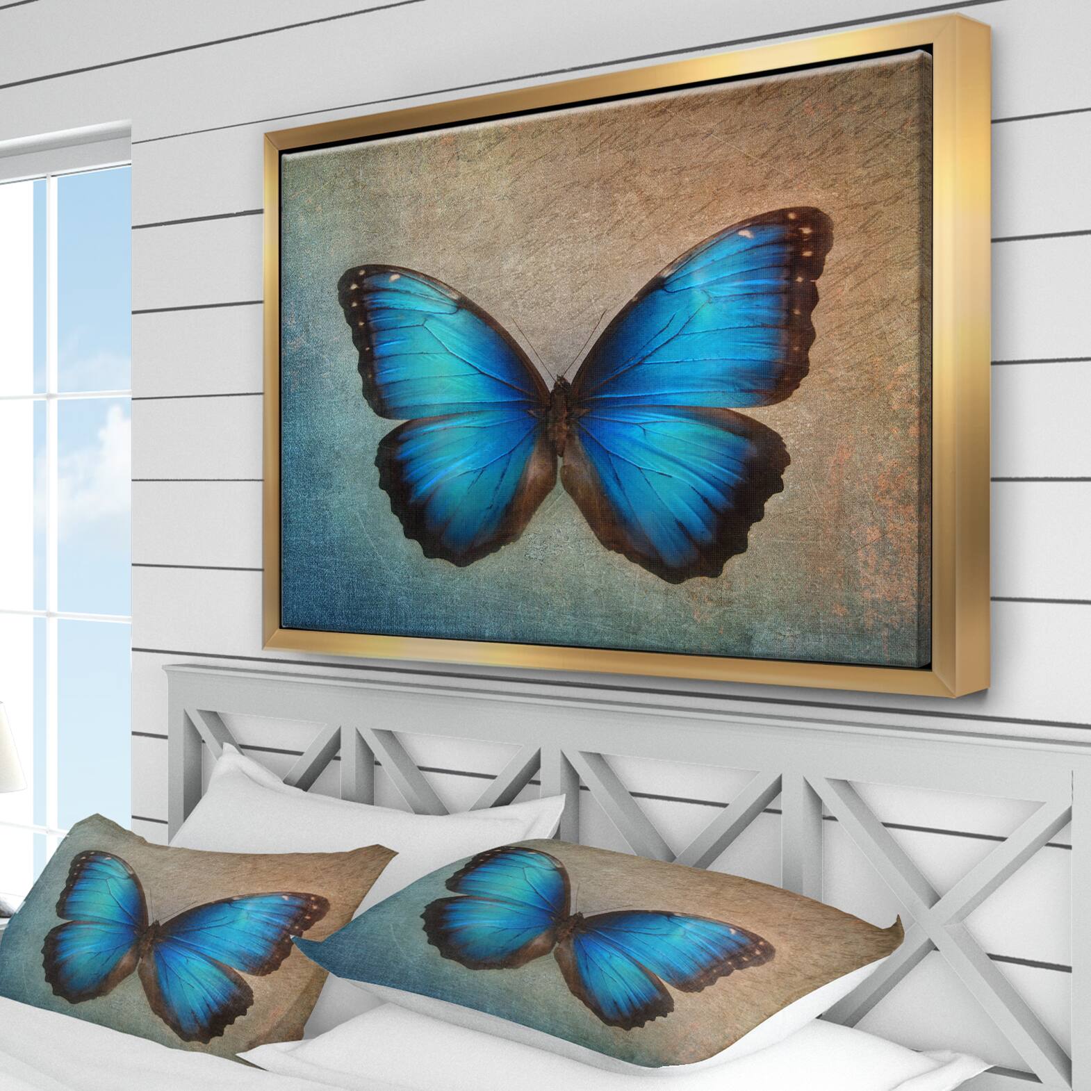 Designart - Blue Vintage Butterfly - Floral Art Framed Canvas Print