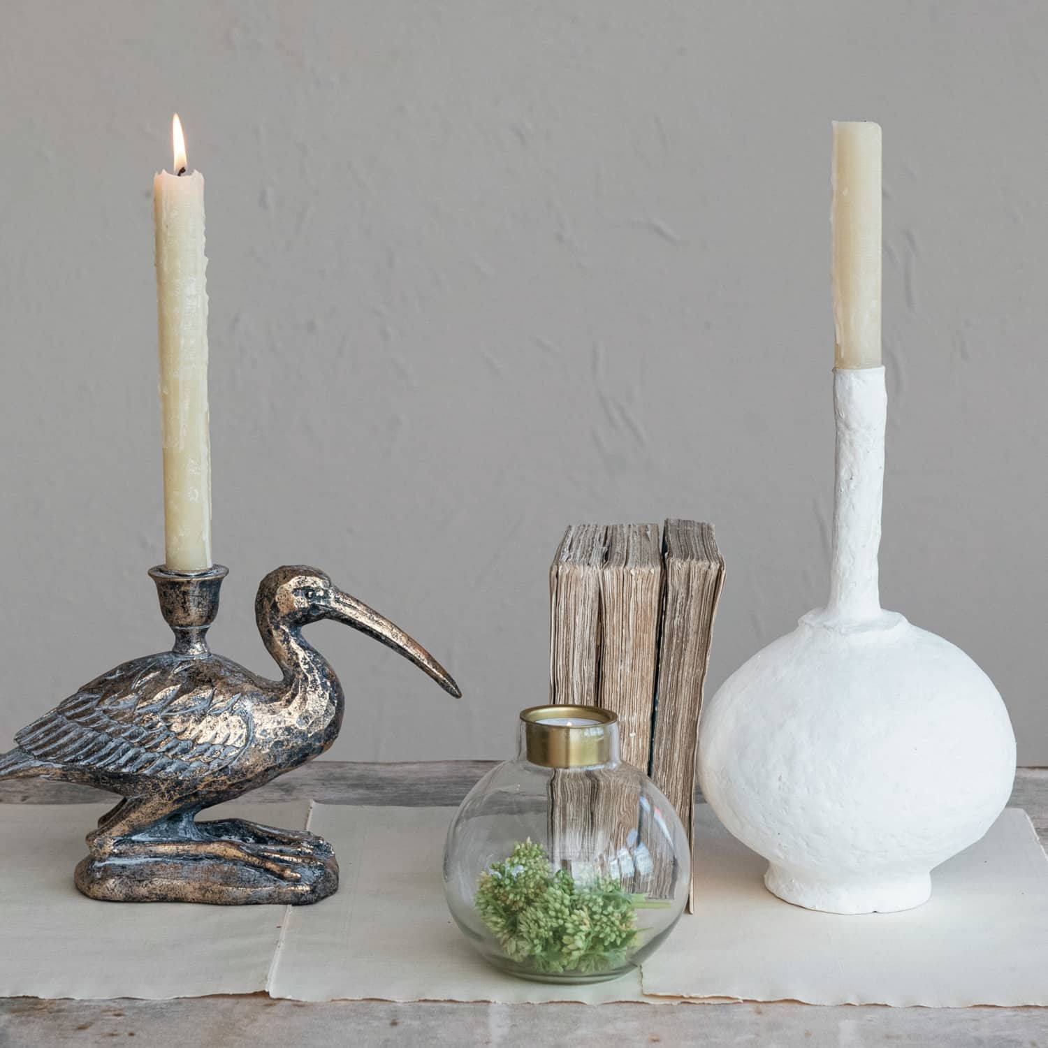 Hello Honey® 11" Round Whitewashed Decorative Paper Mache Taper Holder