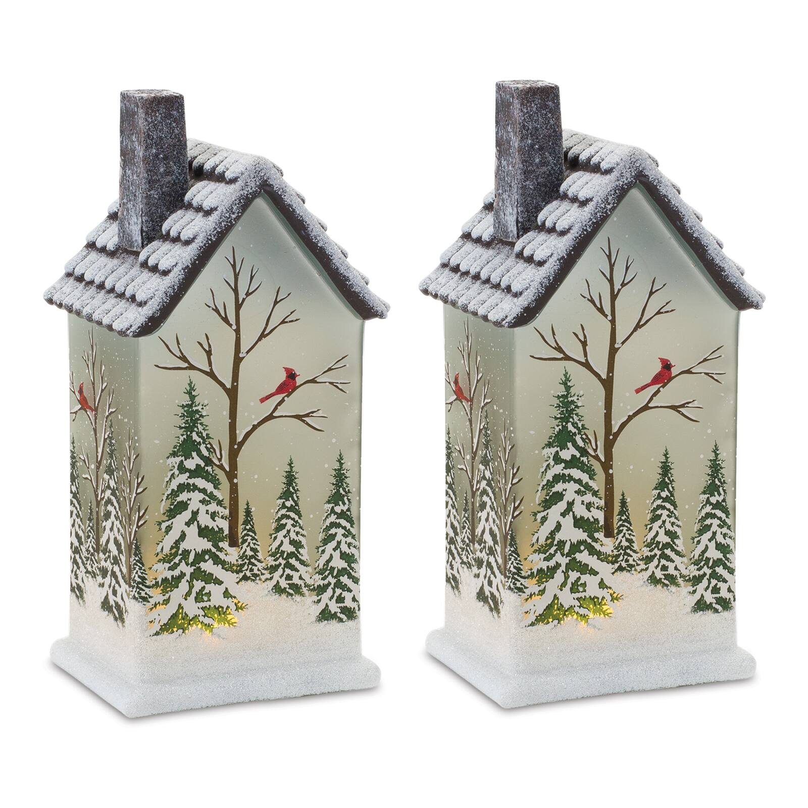 9" Frosted Glass Home with Cardinals LED Tabletop Town Décor Set