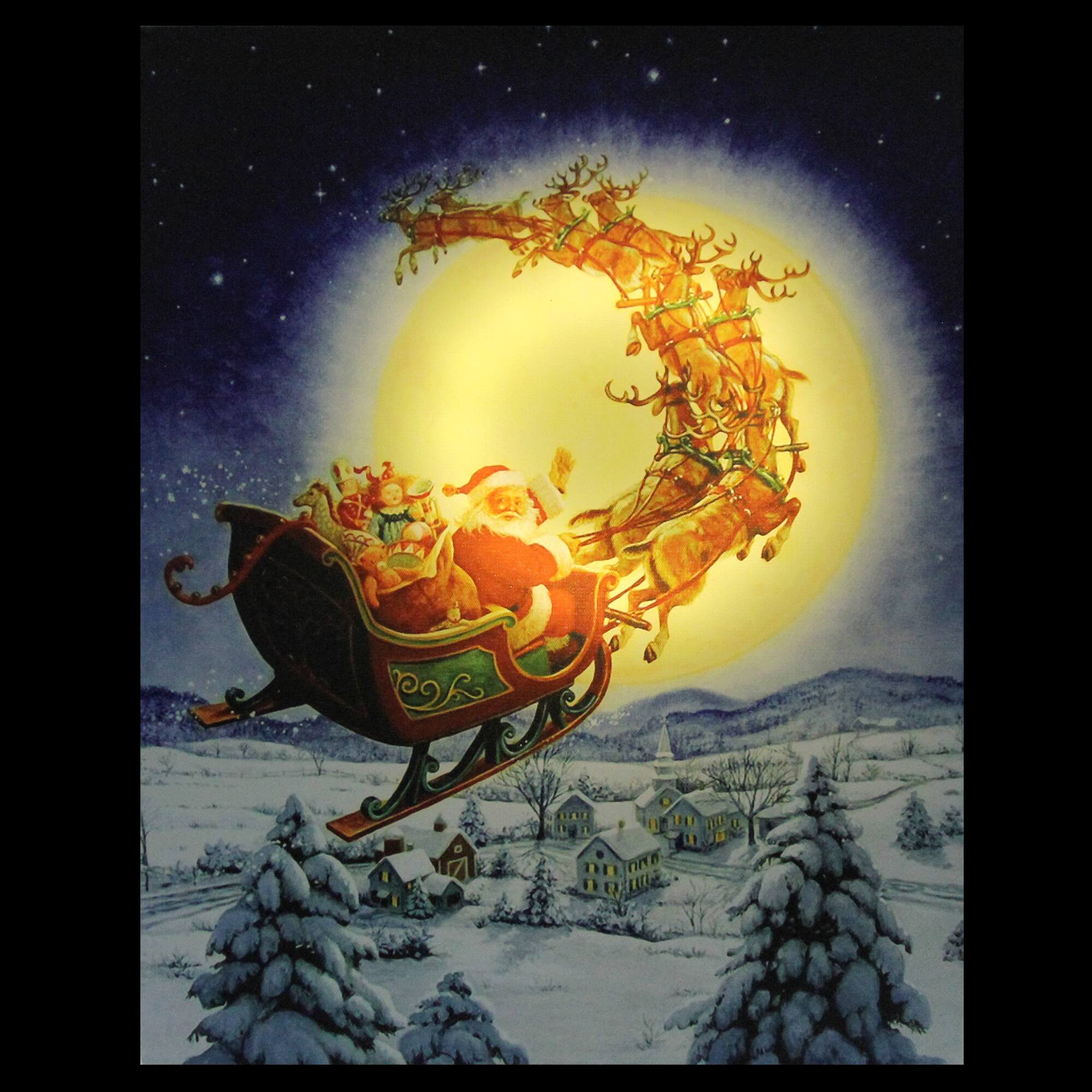 LED Back Lit Flying Santa Claus & Sleigh Christmas Wall Art