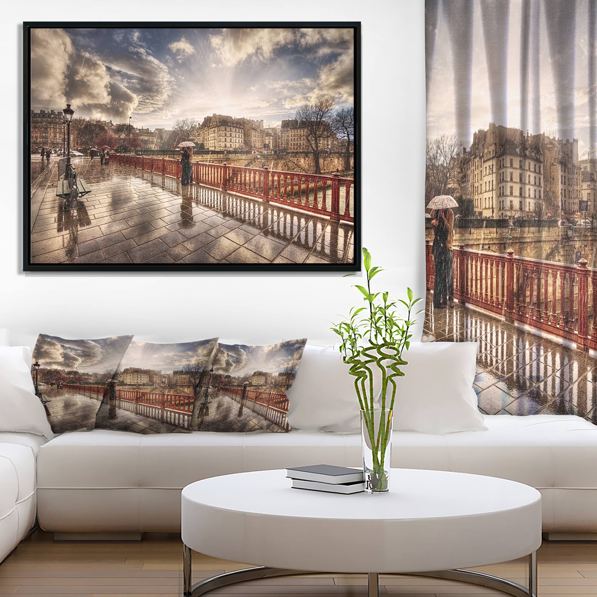 Designart - Bridge in Rain - Landscape Photo Canvas Art Print in Black Frame