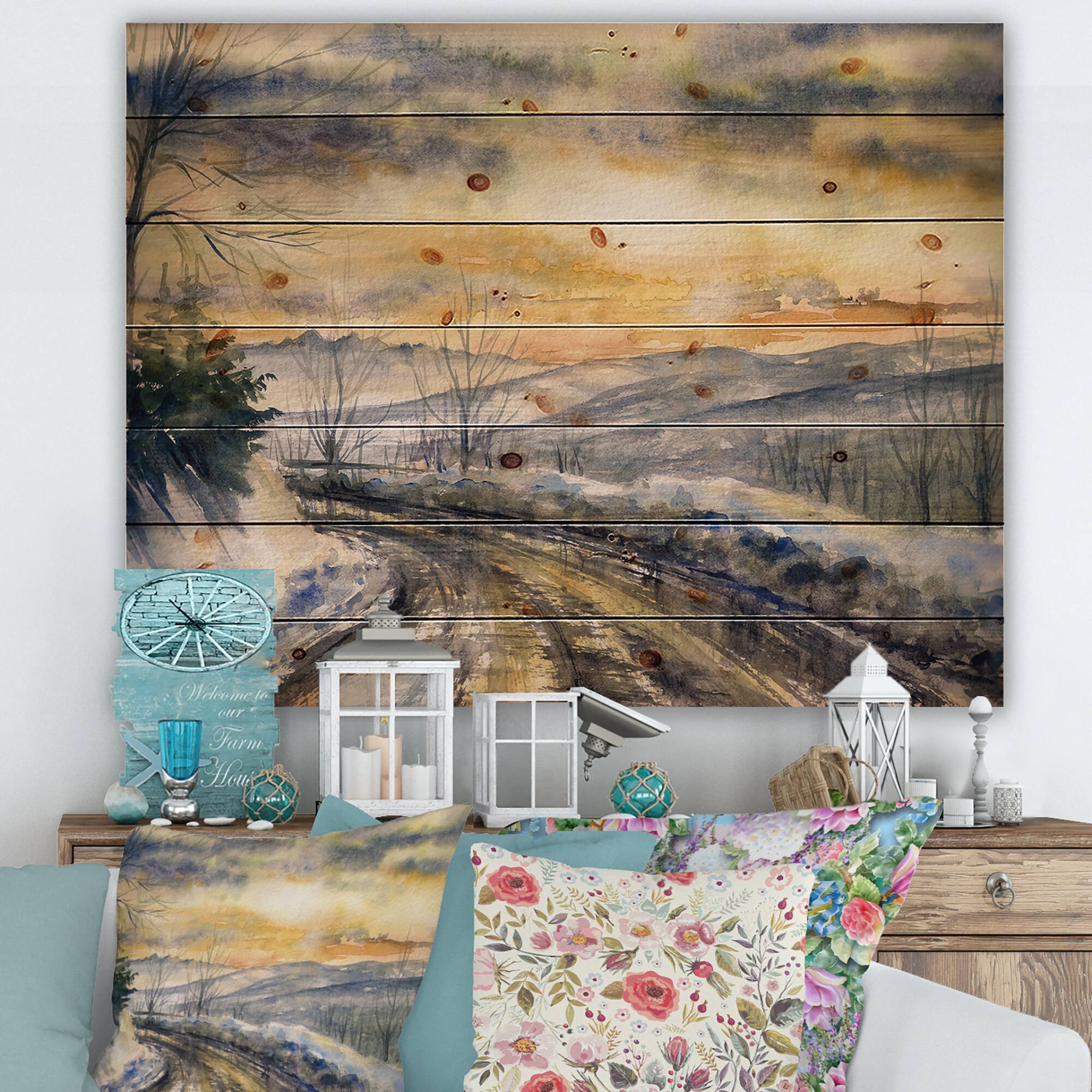 Designart - Winter Landscape With Road Under Bright Sunset - Traditional Print on Natural Pine Wood