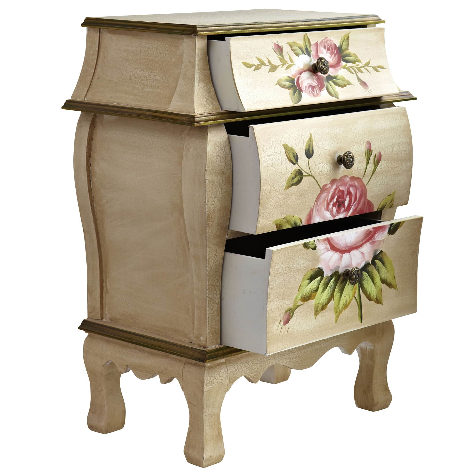 3-Drawer Antique Night Stand with Floral Art