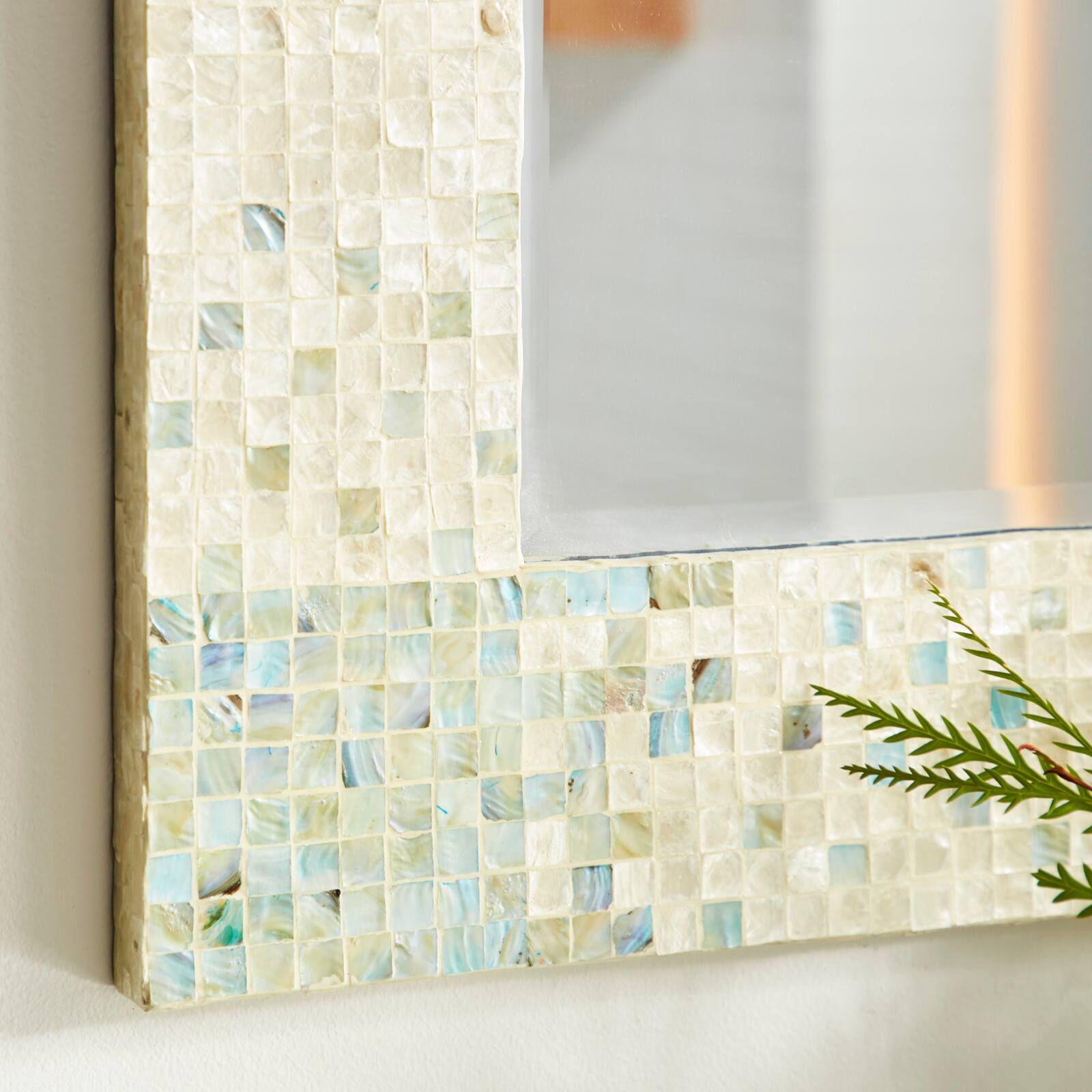 36" Cream & Aqua Coastal Mother Of Pearl Wall Mirror