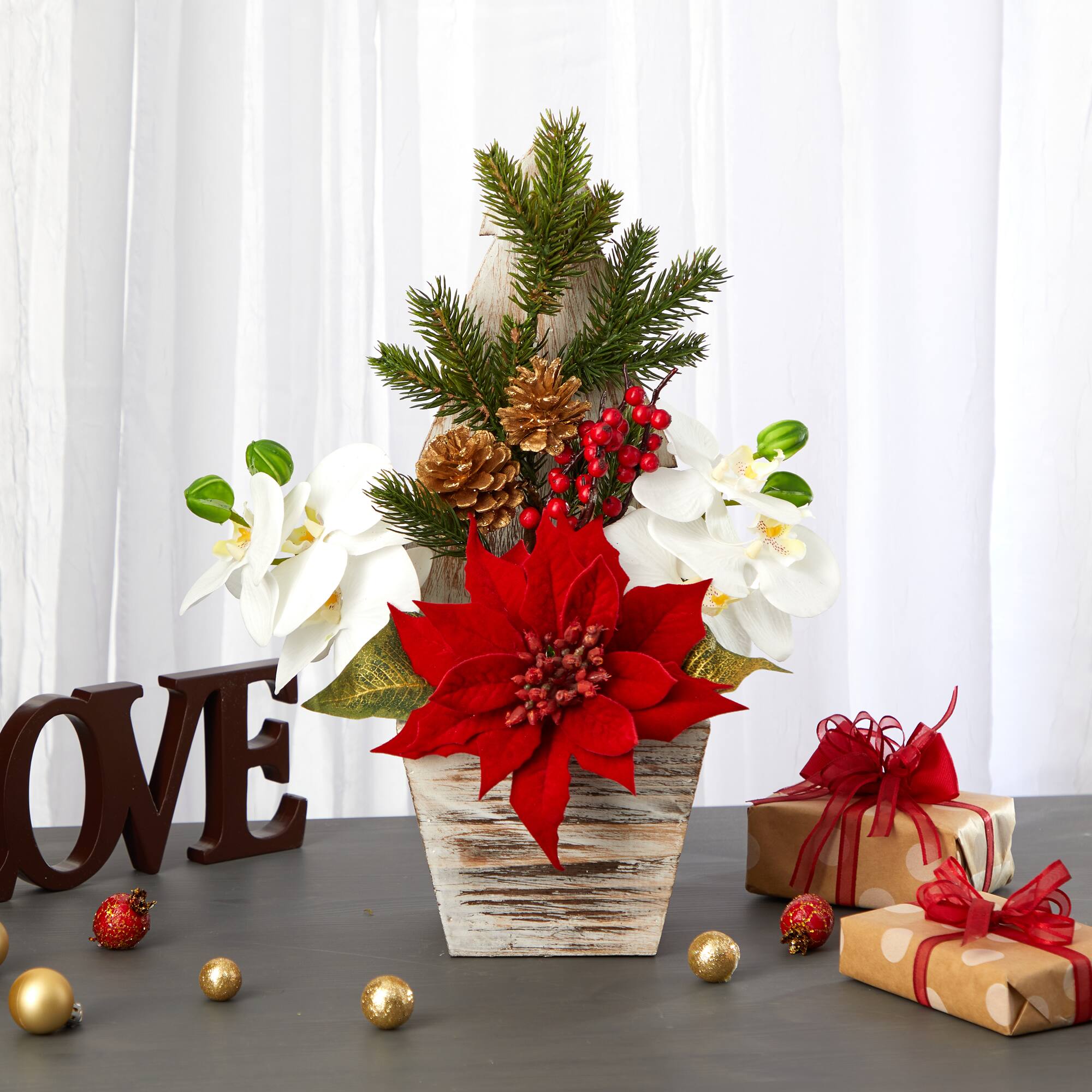 15&#x27;&#x27; Poinsettia &#x26; Orchid in Christmas Tree Vase