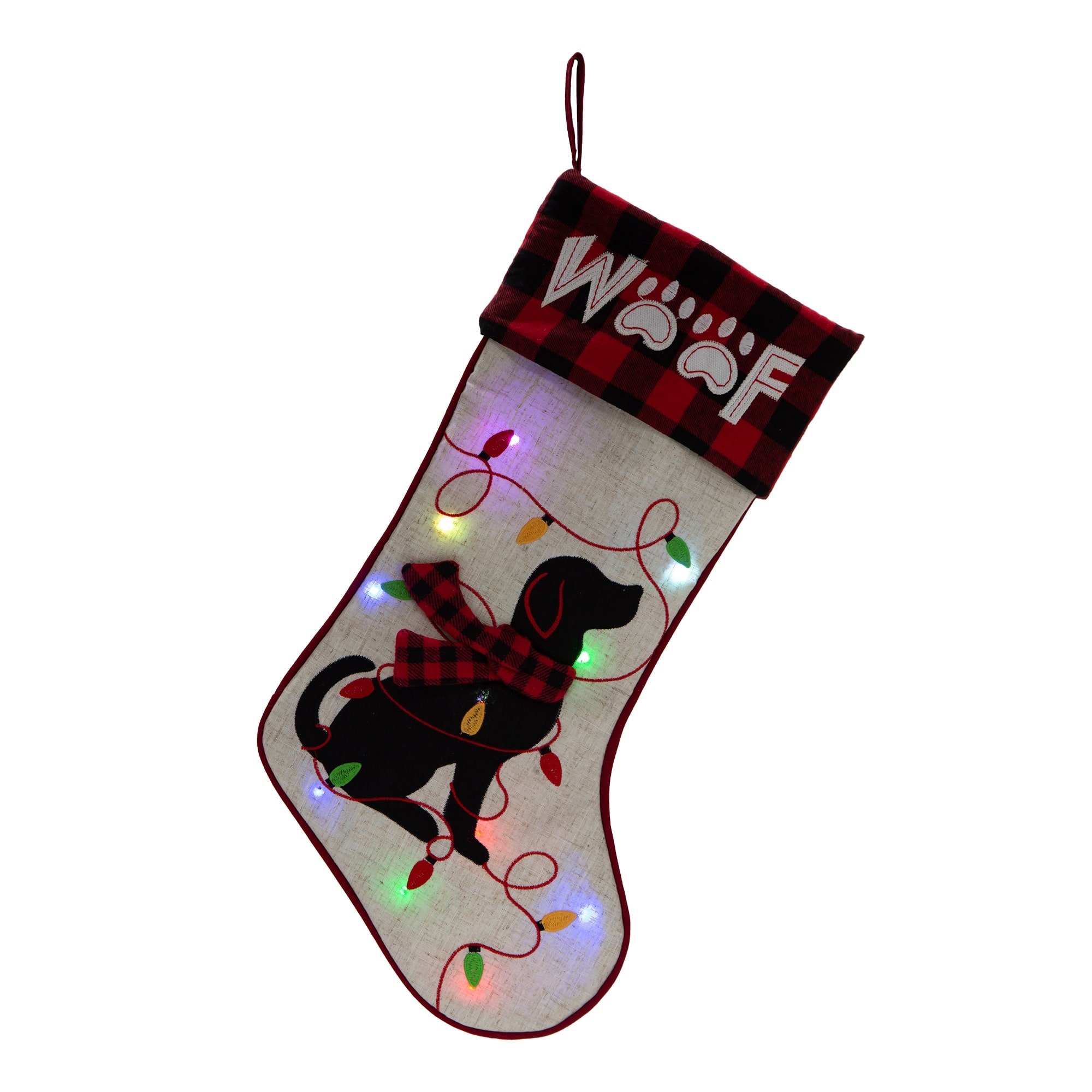 Glitzhome&#xAE; 21&#x22; LED Embroidered Dog Linen Christmas Stocking