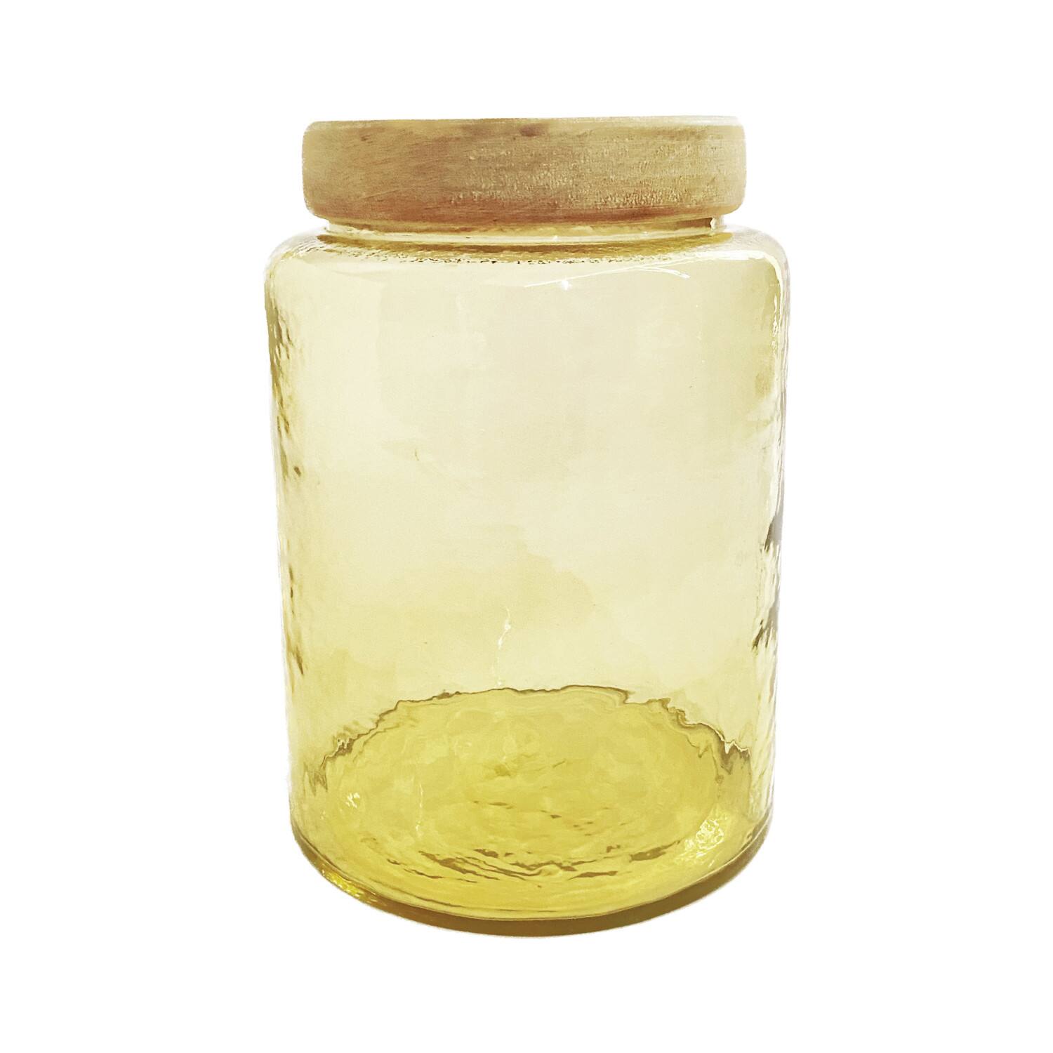 Hello Honey&#xAE; Yellow &#x26; Whitewash Hammered Glass Jar with Mango Wood Lid