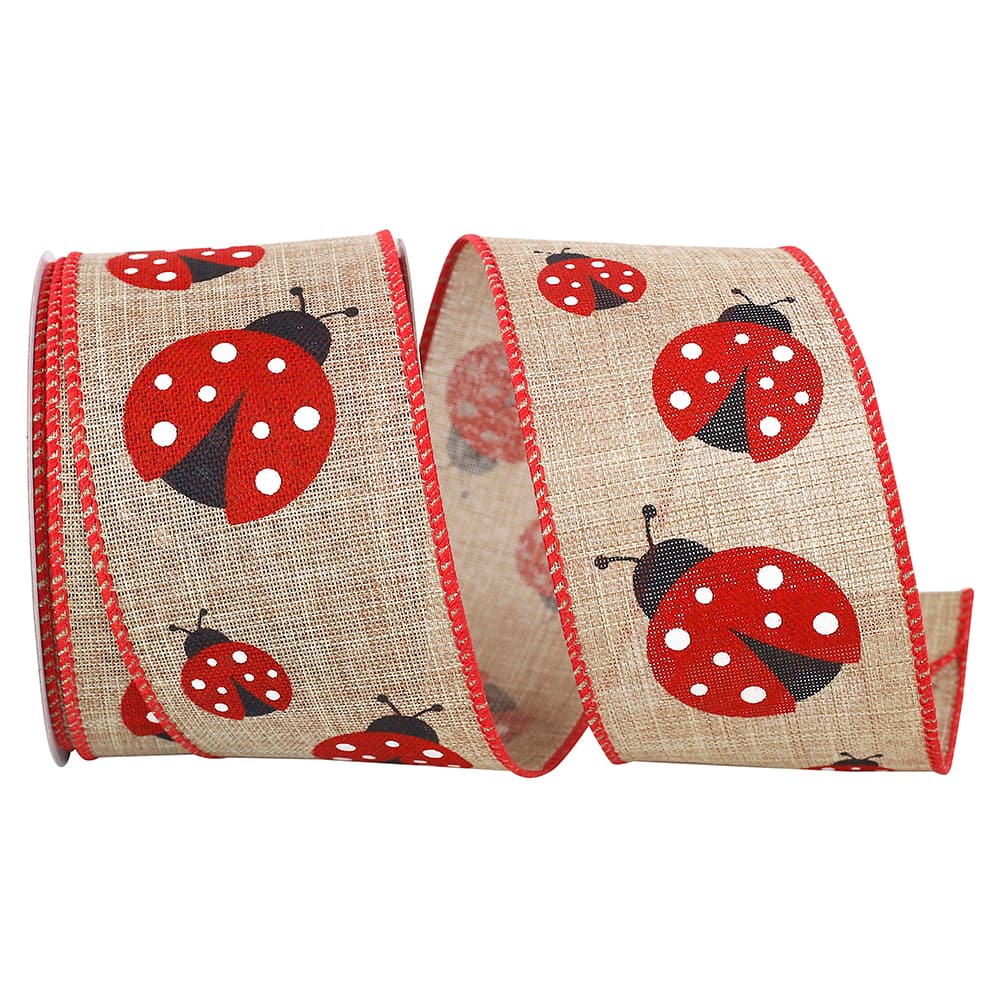 JAM Paper 2.5&#x22; Faux Linen Wired Natural Ladybug Ribbon