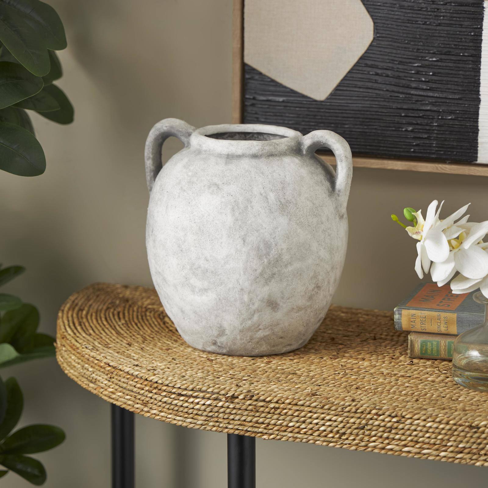 10.5" White Ceramic Antique Style Textured Vase with Black Shadings & Handles