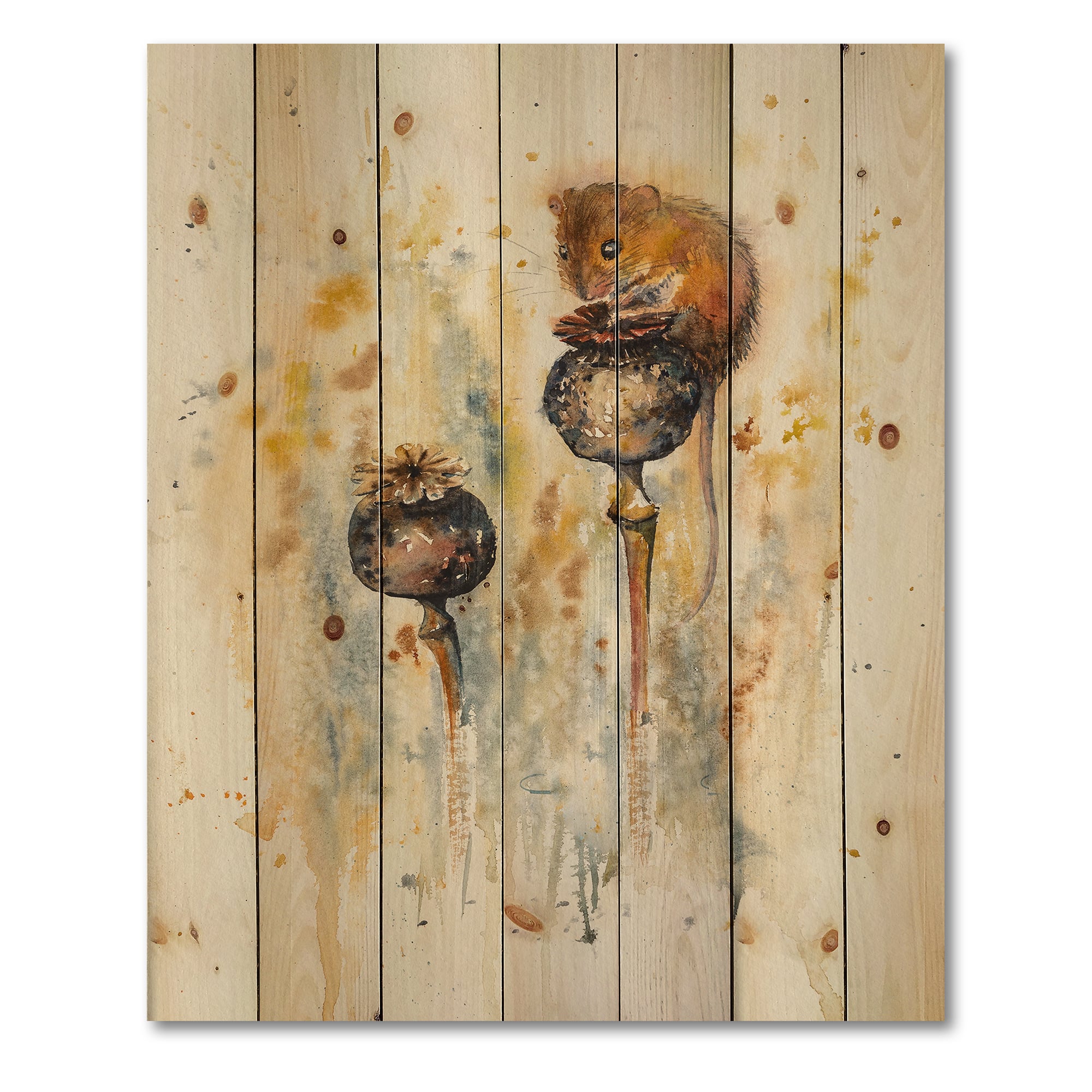 Designart - Mouse Sitting On Poppies - Traditional Print on Natural Pine Wood