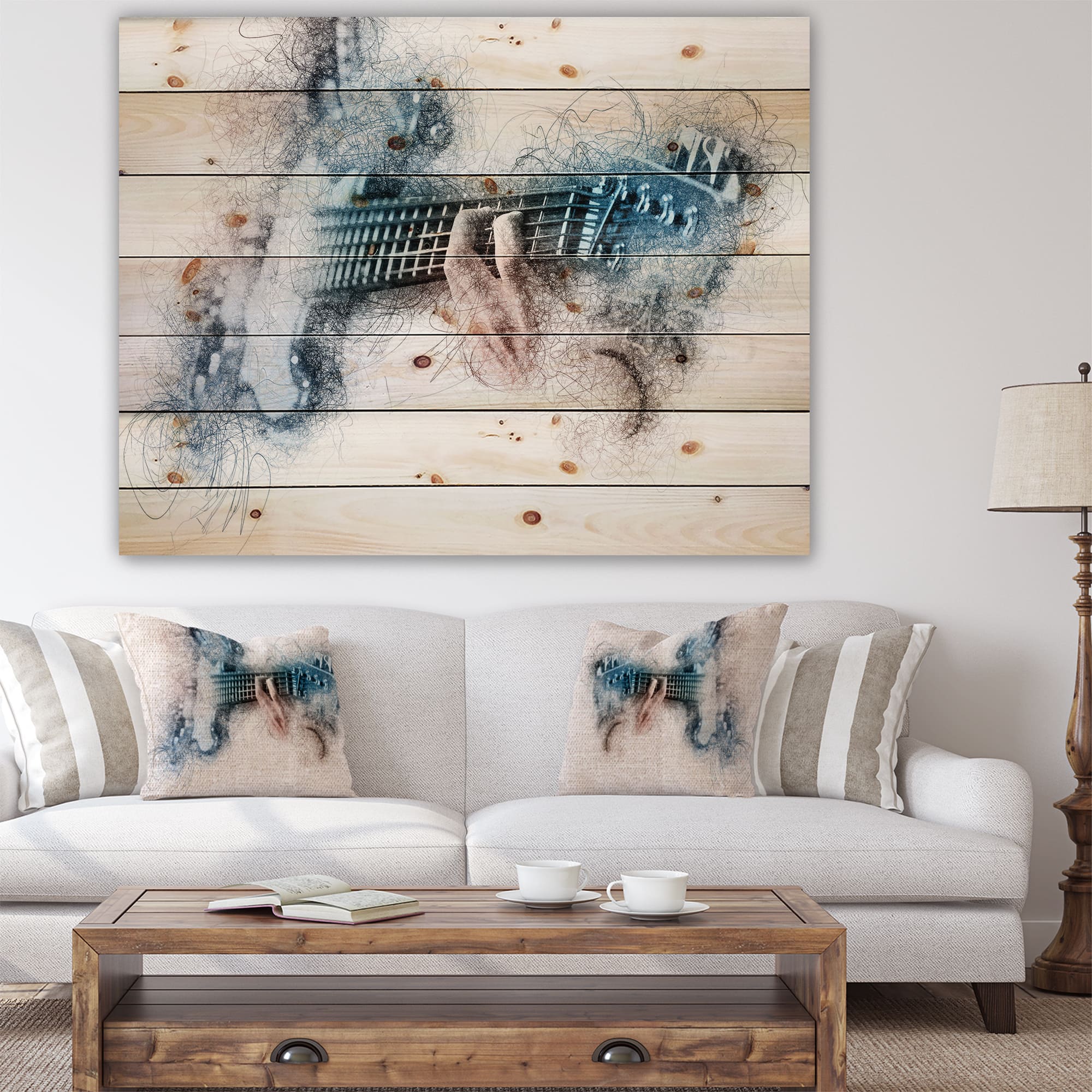 Designart - Man Playing A Guitar Watercolor - Contemporary Print on Natural Pine Wood
