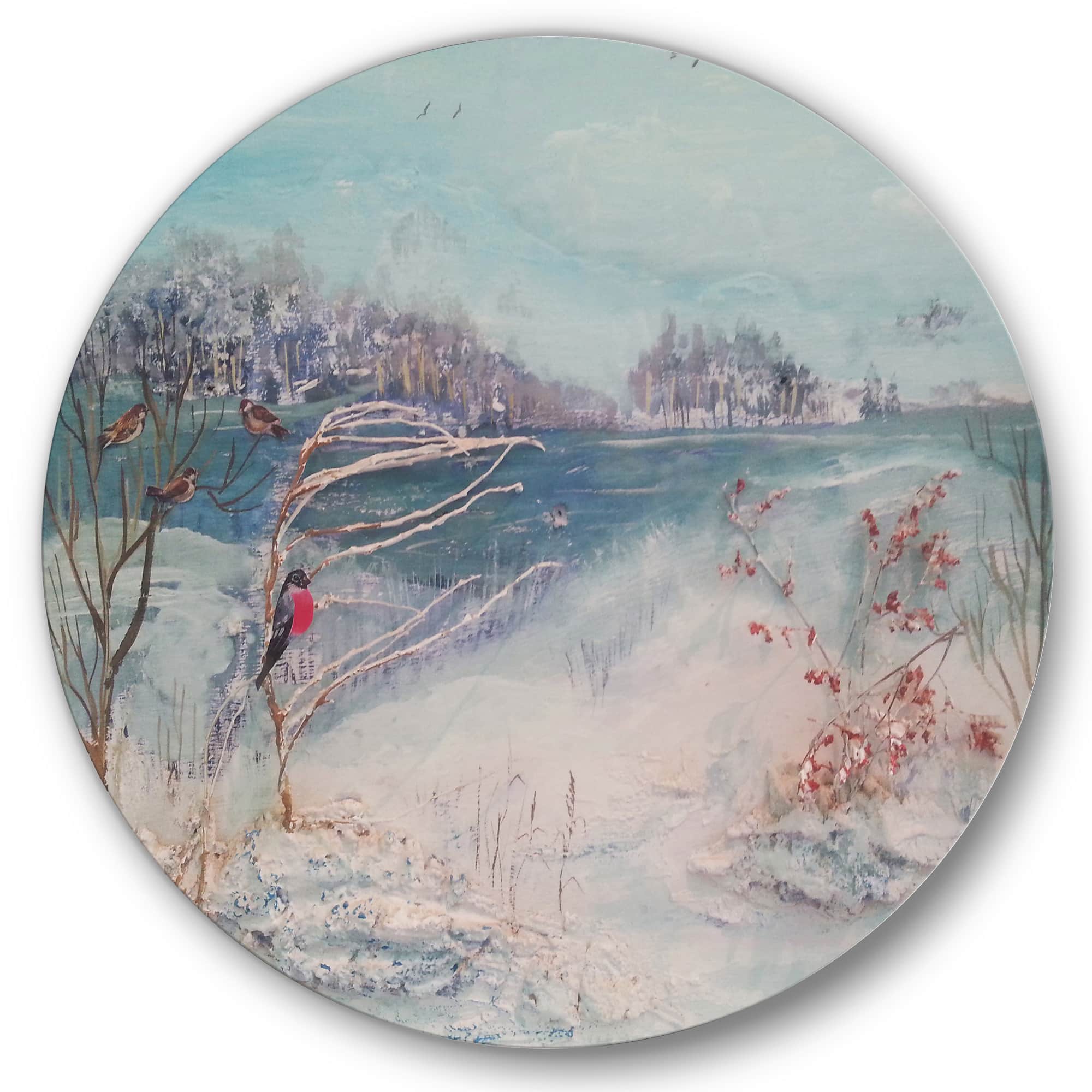 Designart - Winter Trees River and Birds - Lake House Metal Circle Wall Art