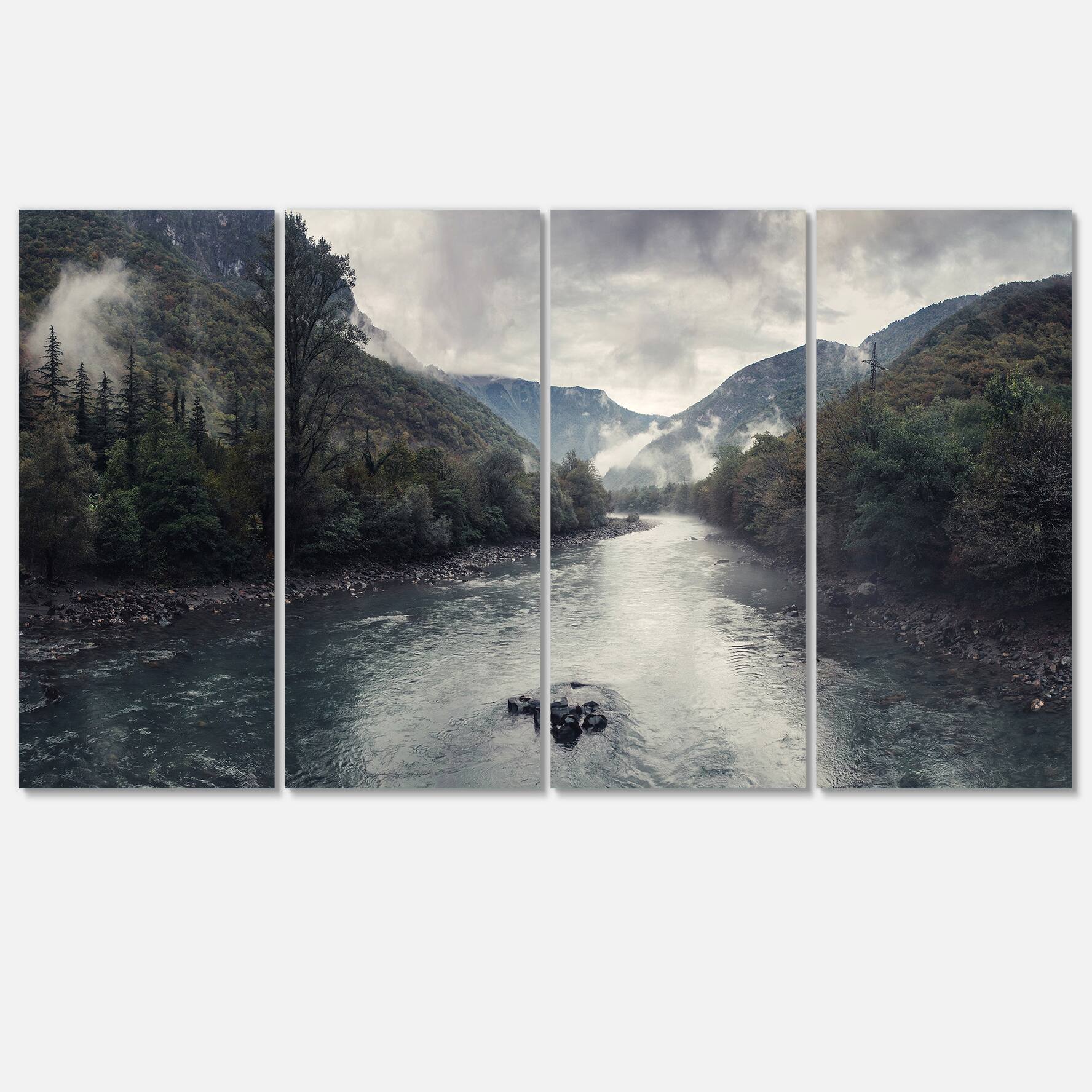 Designart - Mountain River with Fog and Rain - Modern Seascape Canvas Artwork