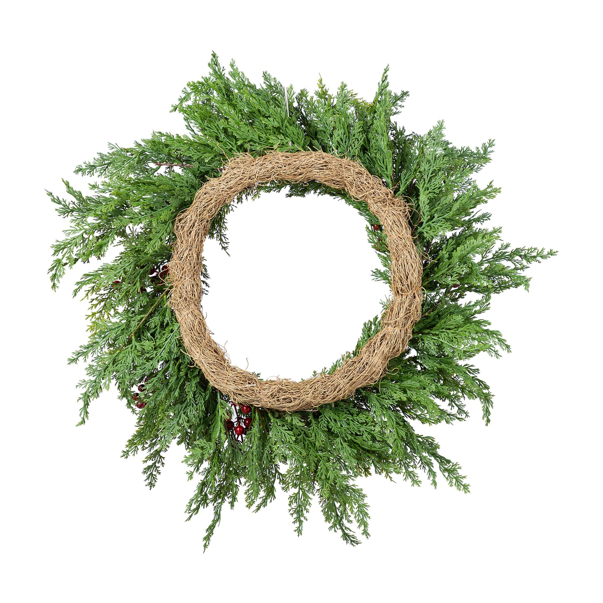 Glitzhome&#xAE; 24&#x22;D Christmas Greenery PE Cedar Wreath with Red Berries