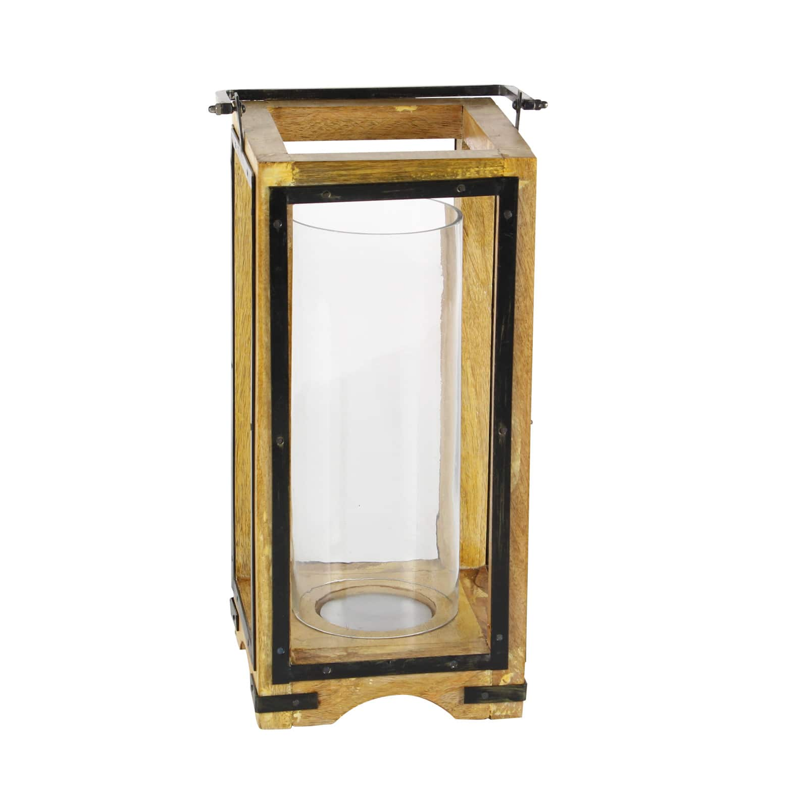 Natural Brown Mango Wood Traditional Candle Holder Lantern, 22&#x22; x 8&#x22; x 8&#x22;