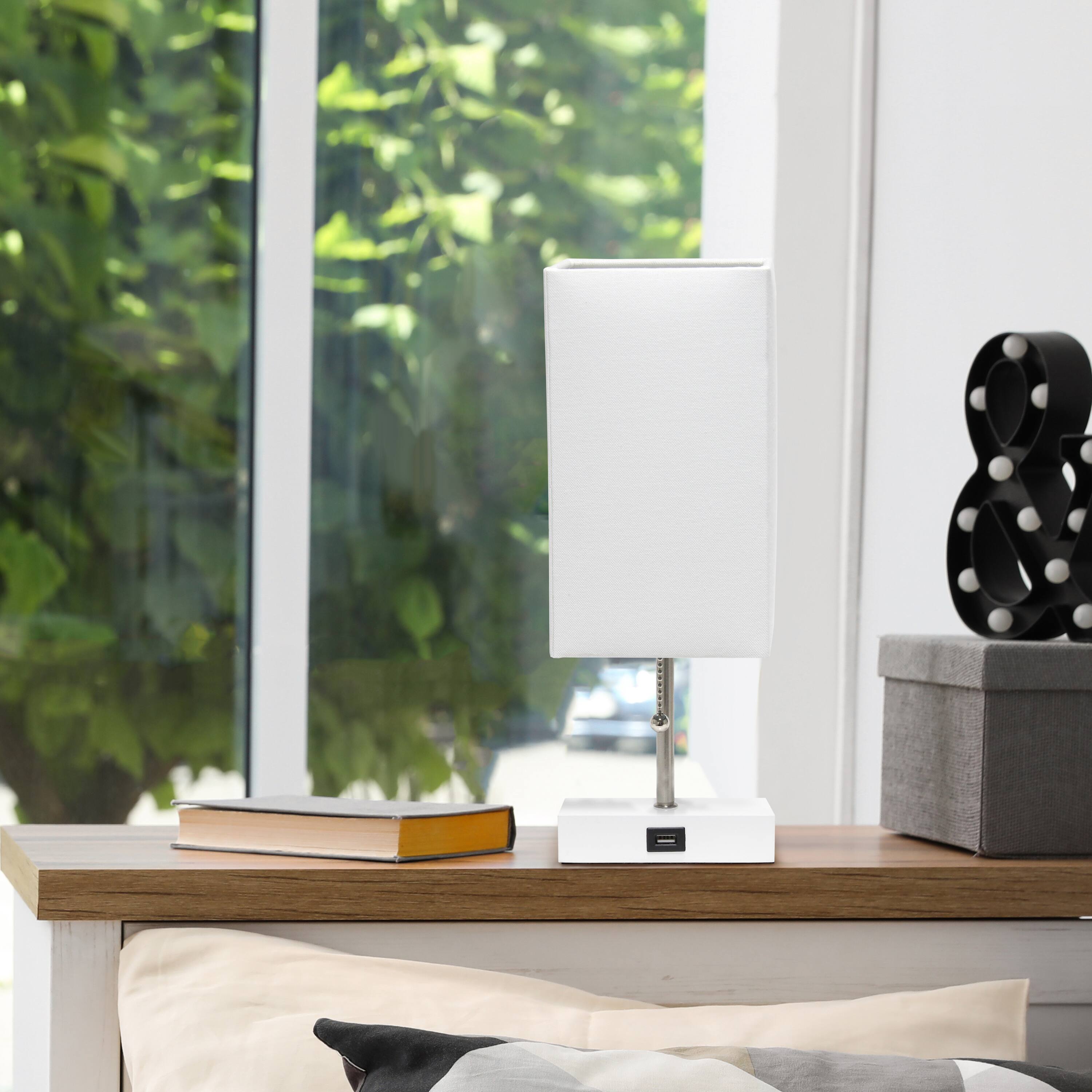 Simple Designs 14.5&#x22; Rectangle Shade White Base Lamp with USB Charging Port